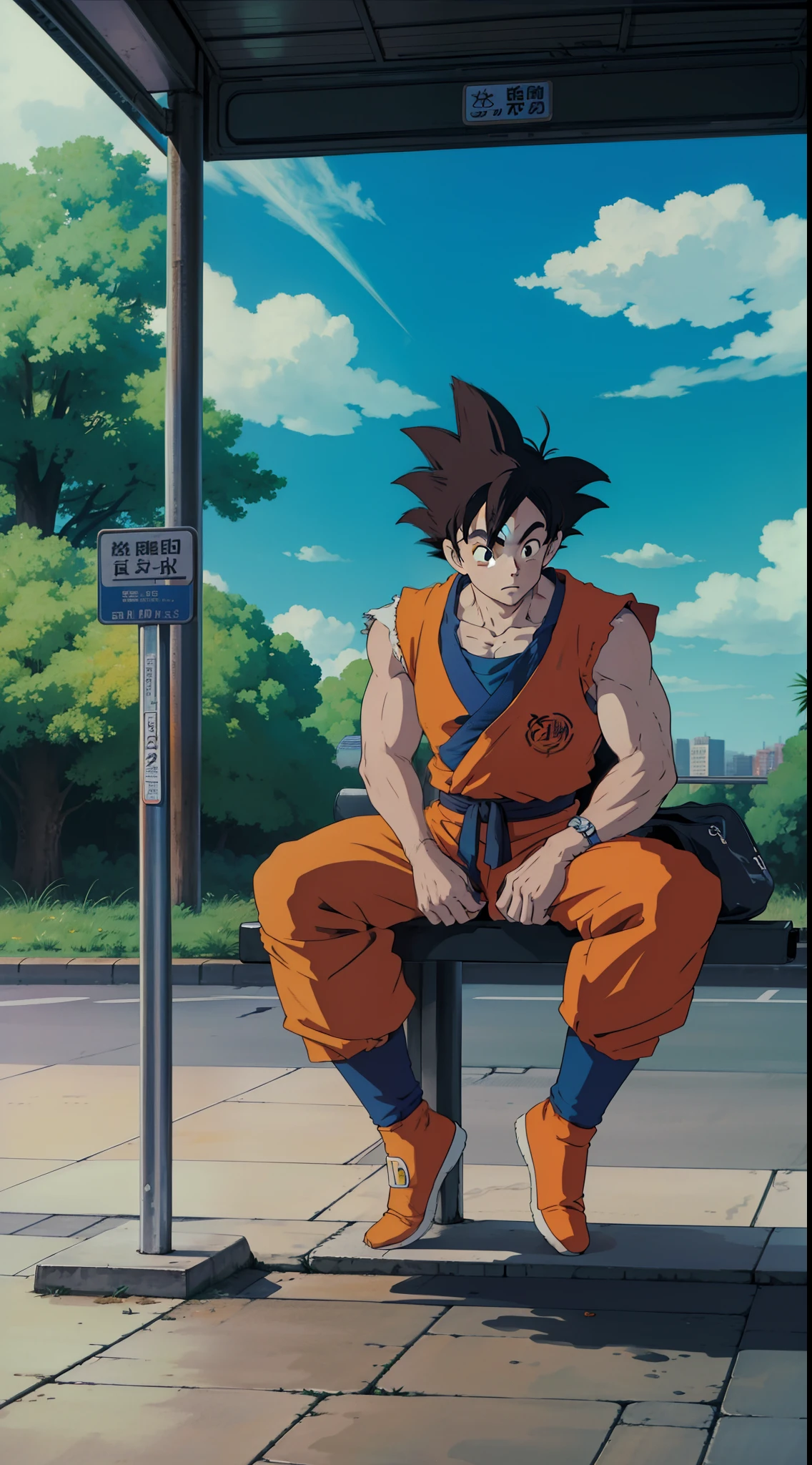goku, perfect image, at the bus stop , 1 man