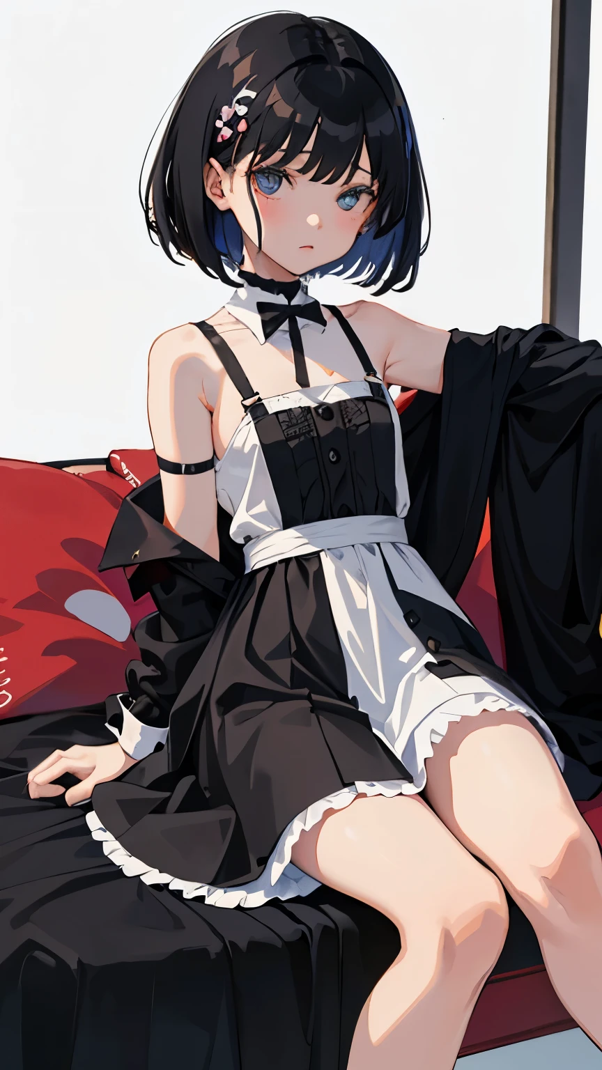 (short cute girl, young studeg delicate girl),(masterpiece,Top quality),black maid outfit,black medium bob,sleepy,white background
