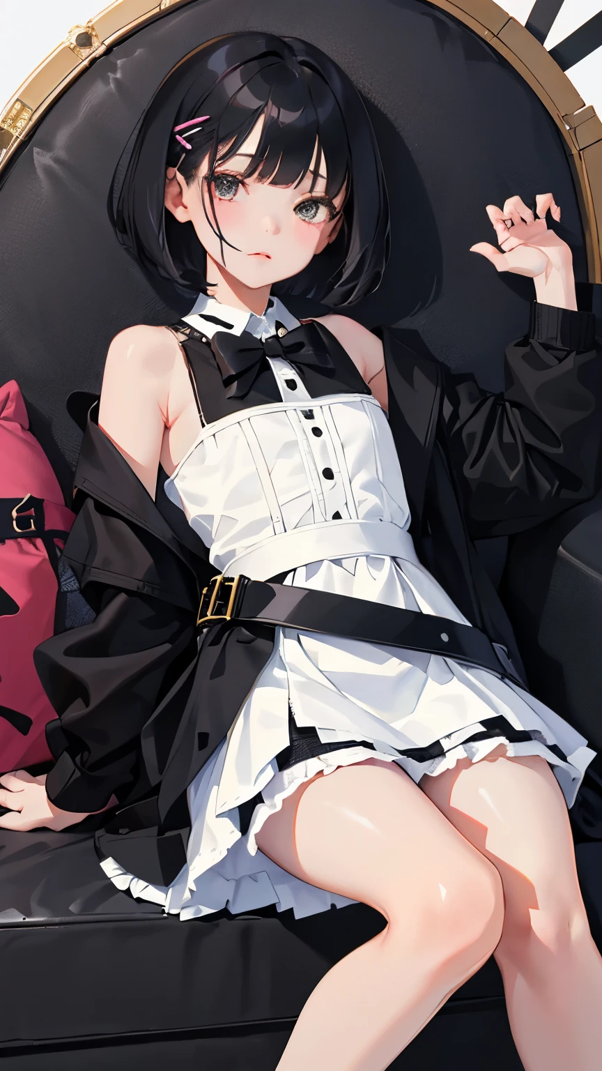 (short cute girl,small young student,young delicate girl),(masterpiece,Top quality),black gingham check miniskirt,black medium bob,sleepy,white background