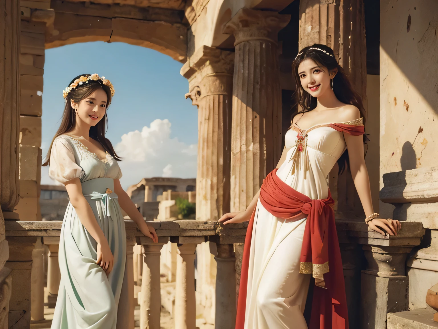 Raffaello Santi painting style,Arguments of two female 、roses in vase、fruits、Cute trinkets、smile、ancient greek costume、Woman standing on ancient Roman ruins ,A big smile