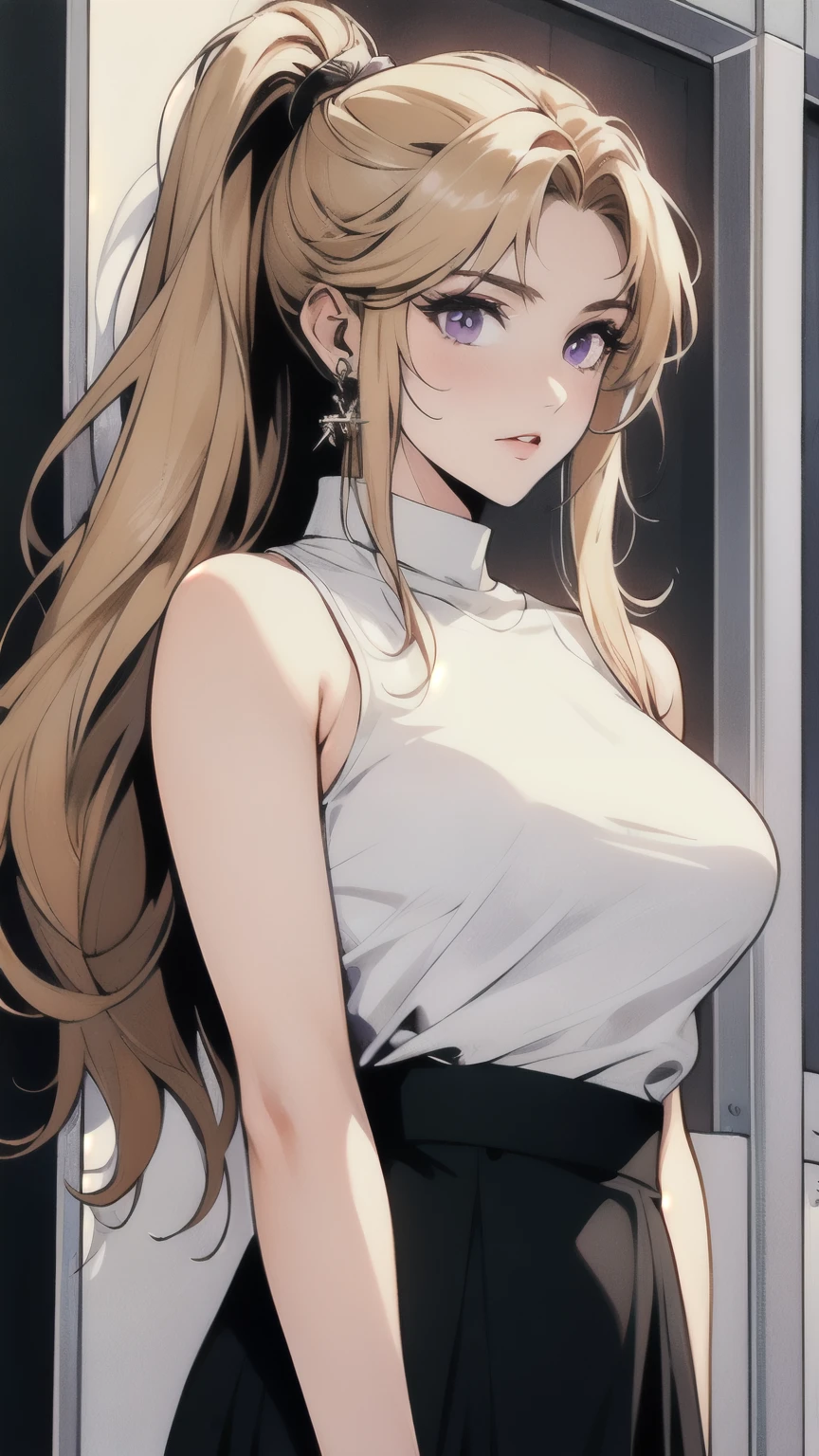 saeki kaori, parted bangs high ponytail, blonde, purple eyes, White sleeveless turtleneck black pencil skirt,
jewelry, put your hand on your chest,See-through, looking at the viewer,  hair ornaments, choker, shy,
(huge breasts:1.2, Upper body, from below, camel toe, white panties, lift skirt,)
(masterpiece, highest quality, highest quality, official art, beautiful and aesthetic:1.2), (1 girl), very detailed,  colorful, most detailed,
city,street, leaning,  wall, sun, cloud,