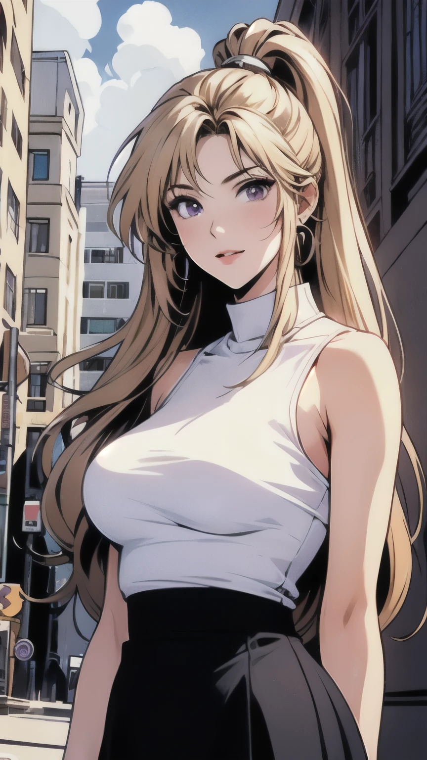 saeki kaori, parted bangs high ponytail, blonde, purple eyes, White sleeveless turtleneck black pencil skirt,
jewelry, put your hand on your chest,See-through, looking at the viewer,  hair ornaments, choker, shy,
(huge breasts:1.2, Upper body, from below, camel toe, white panties, lift skirt,)
(masterpiece, highest quality, highest quality, official art, beautiful and aesthetic:1.2), (1 girl), very detailed,  colorful, most detailed,
city,street, leaning,  wall, sun, cloud,