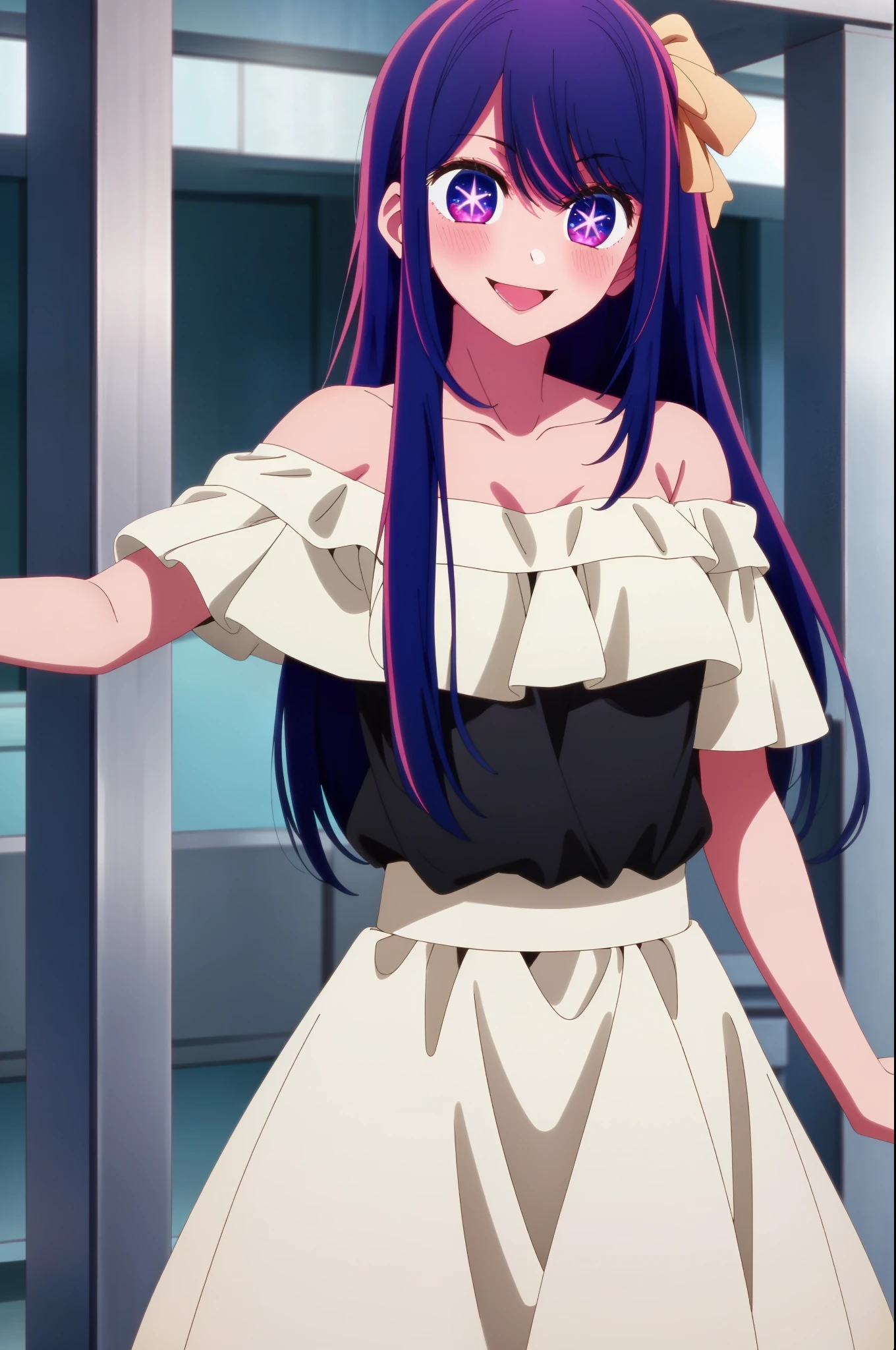masterpiece, highest quality, 8k, ultra high resolution, highest quality, anime style, best writing, beautiful face, anime style, best lighting, beautiful face, (1 girl), Ai Hoshino, Six-pointed star in the eye, (Colorful atmosphere), best smile, blush, wink, cute style, saturated colors, Ai Hoshino, Big eyes, Eyes of Fantasy, purple hair, Happy, best smile, blush, hair accessory, (White off-shoulder knit:1.3), black camisole, long skirt, cowboy shot, free pose, In front of the station, shopping