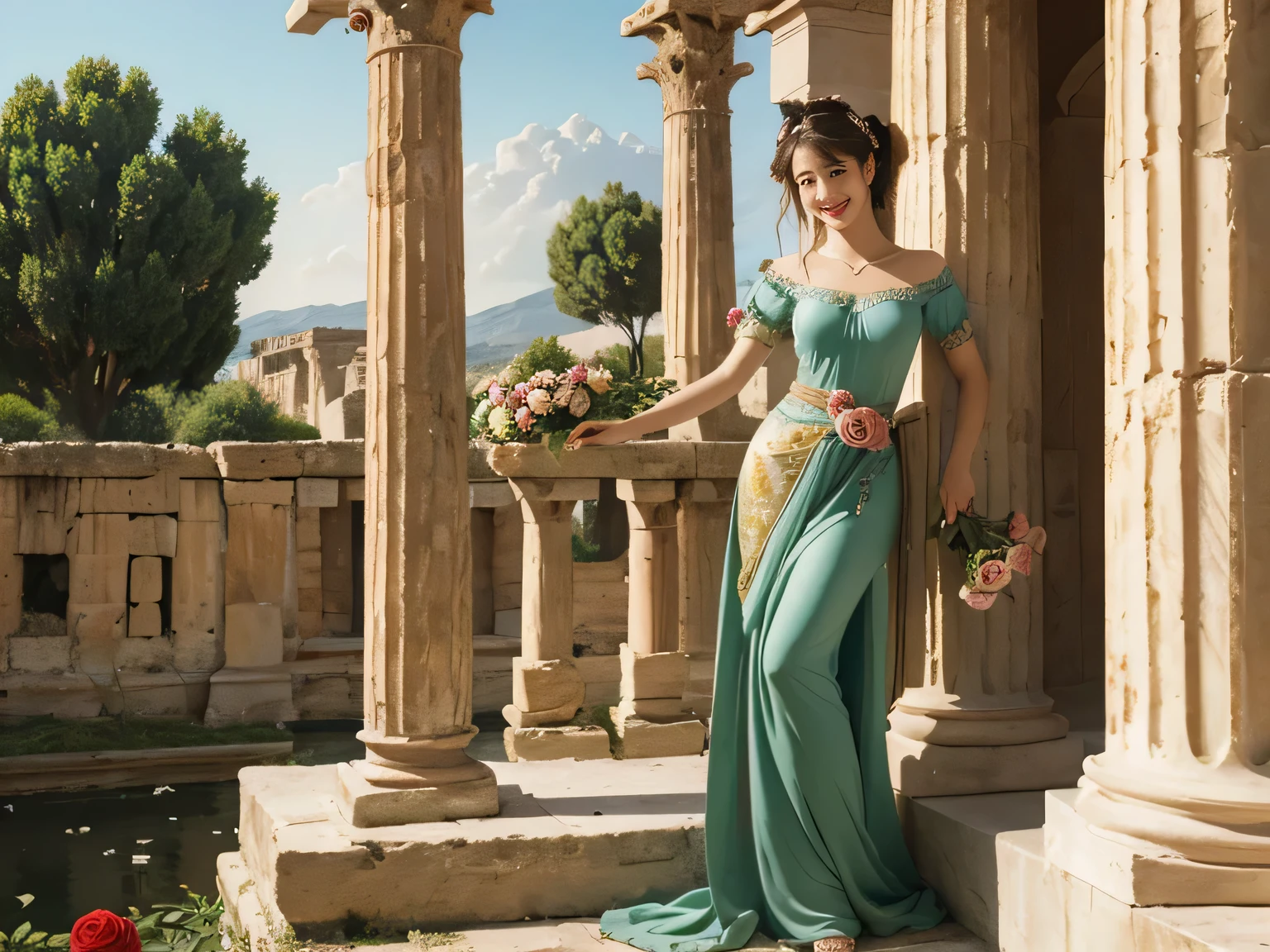 Raffaello Santi painting style,Arguments of two female 、roses in vase、fruits、Cute trinkets、smile、ancient greek costume、Woman standing on ancient Roman ruins ,A big smile