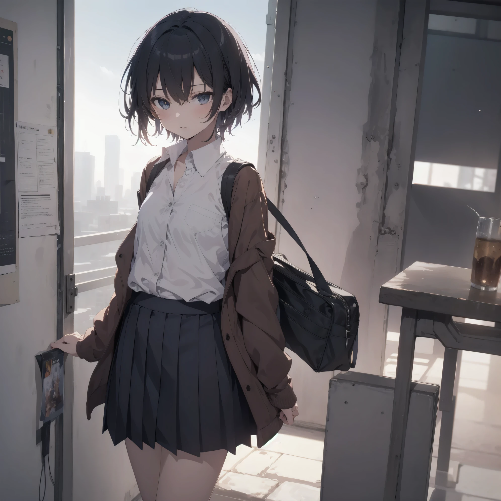 Super absurd quality by the god of art, super detailed, High resolution, anime moe art style, Best Anime 8K Kona-chan Wallpaper, pixiv contest winner, perfect anatomy, break,(眠そうにalone学校へ行く女の子を描いてください. )break,1 girl, (alone,little woman, baby face, 13 years old:1.3),All limbs, full finger,, The charm of an immature body, (very_short hair), Bang, flat chest, small ass, between legs, small black eyes, detailed and beautiful eyes, Well-proportioned iris and pupils, expressive eyes, sleepy eyes, High resolutionの詳細な髪, neck ribbon, shirt, collared shirt, skirt, pleated skirt, school uniform, school bag,(detailed lighting), (detailed background), On the way to school. break,super dense skin, Best cinematic lighting powered by famous artist, 8k, Beauty Illustration,photoshop_(Moderate),Absurd Hi-Res,Hmm,rough skin,break,((artist:shinkai makoto)), artist:Ilya Kuvshinov,artist:kirisawa juuzou,artist:Fujiyama