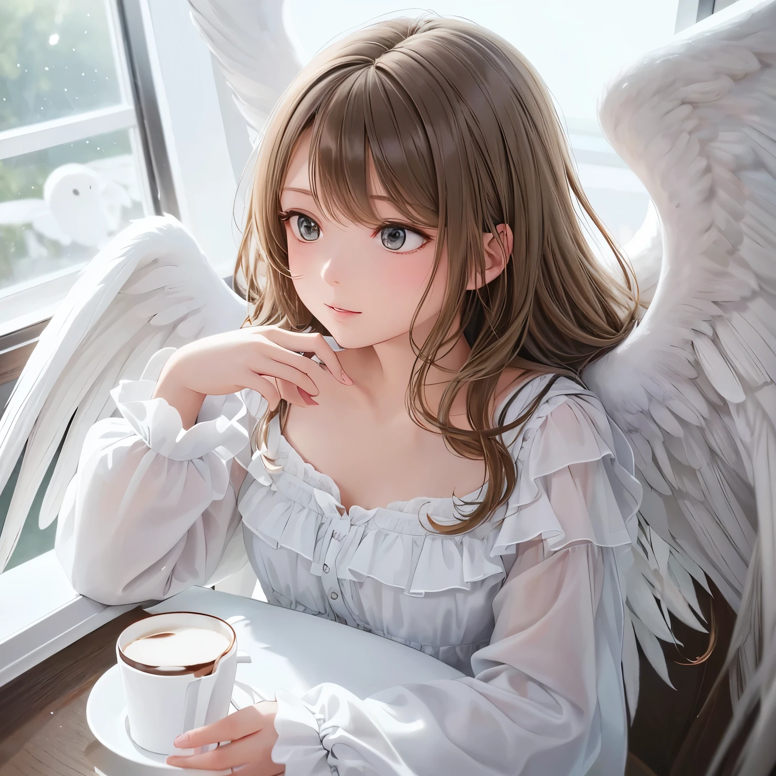 painting of a  with a cup of coffee and angel wings, of an beautiful angel girl, beautiful angel, angel girl, of beautiful angel, portrait of a beautiful angel, beautiful angel girl portrait, angelic, angelical, dark angel of coffee, winged girl angel, adorable digital painting, angel-themed, angel, beautiful female angel, young wan angel