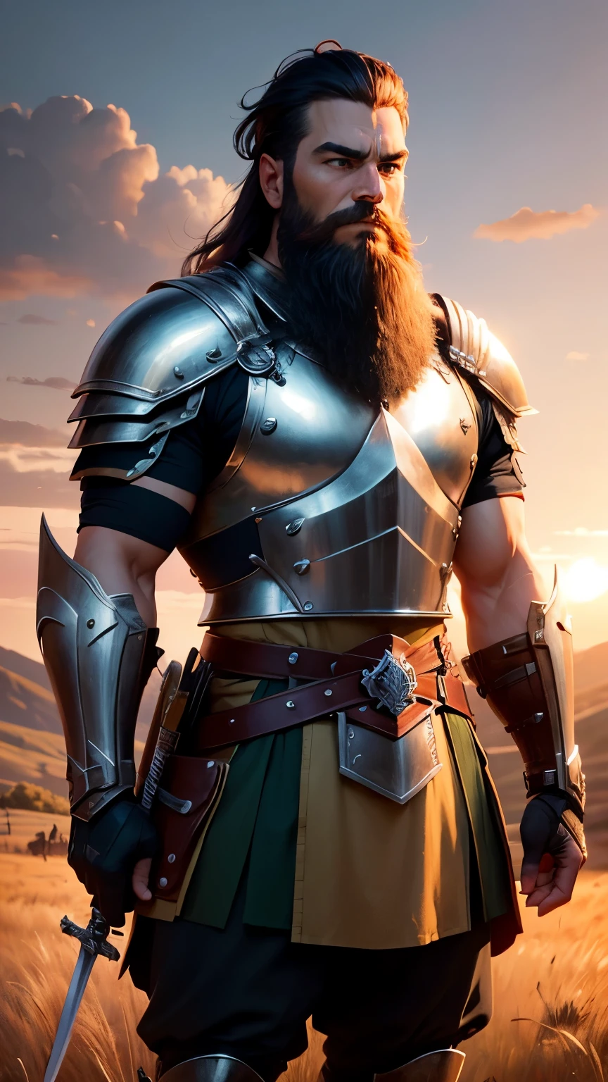 (best quality,4k,highres),soldier with sword and shield marching in ancient times,battlefield,grassland,authentic ancient warrior,thick beard,strong muscles,leather armor,metallic sword and shield,exquisite warrior details,cavalry charging in the background,vibrant colors,sunset lighting.