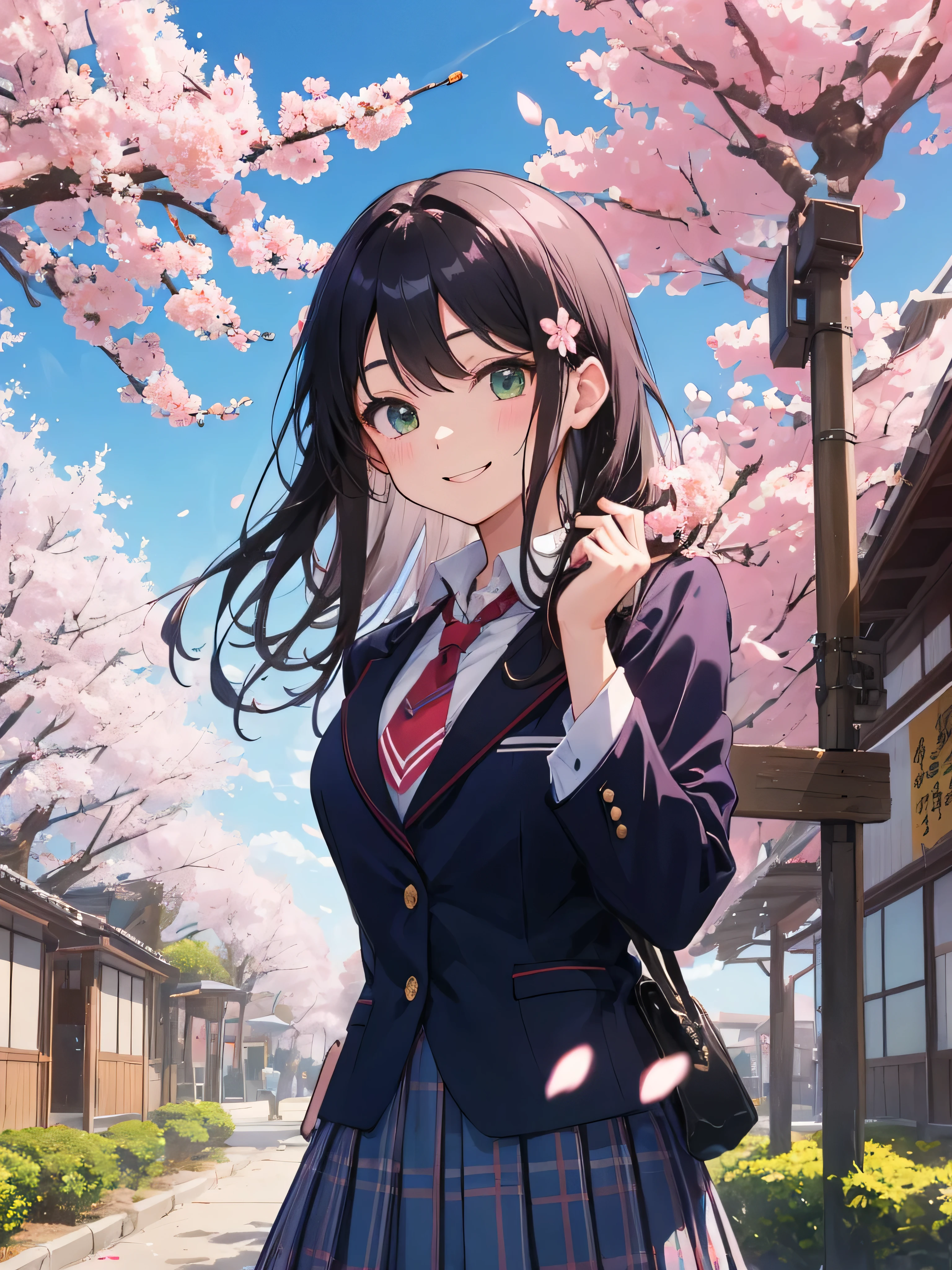 1 person long hair straight hair hair blowing in the wind girls高生 Green Check Skirt tie navy blue blazer white dress shirt look up from below cherry blossoms吹雪 smile looking at camera cherry blossoms girl high school student graduation girls An illustration high school student dramatic spring風 spring shape woman Japan人 flower uniform beautiful girl cherry blossoms student smile 10th generation full bloom young cute cherry blossoms吹雪 Upper body outdoors Sunny 1 person student School生活 student生活 青spring hope Japan pink graduation式 admission fees School anime風 anime調 new semester anime comics light