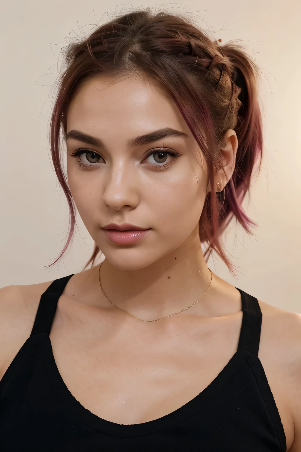 An image of a young woman with fair skin and a unique hairstyle that transitions from brunette at the roots to magenta at the ends, styled into a high ponytail. Her facial features include arched eyebrows, hazel eyes with long lashes, and rose-pink lips. She wears a black top with mesh details and a deep V-neckline. The background is soft and neutral with natural lighting highlighting her face.