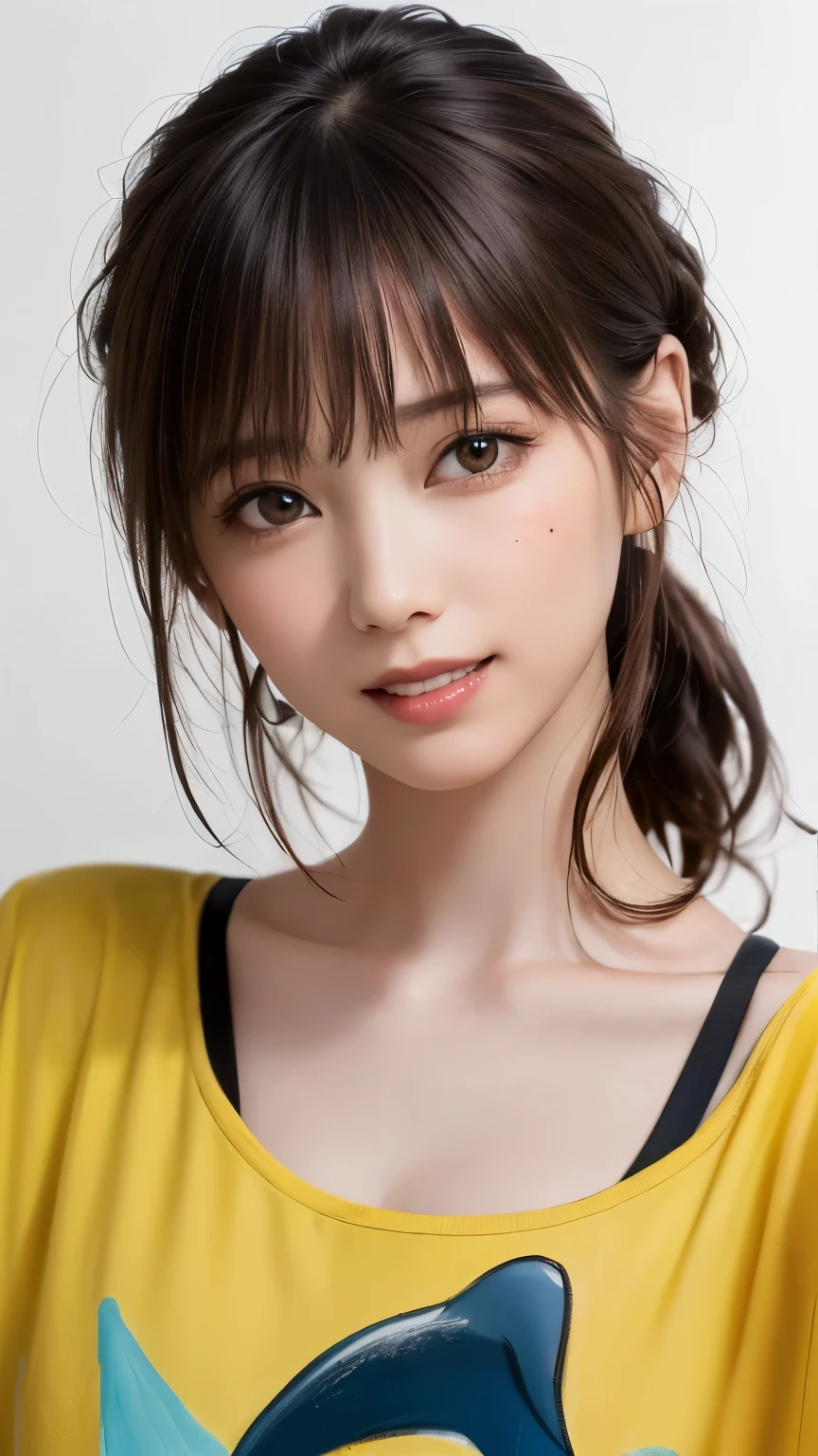 (highest quality、8k、32K、masterpiece)、(realistic)、(Photoreal:1.2)、(High resolution)、Super detailed、very beautiful face and eyes、1 girl、round and small face、thin waist、delicate body、(close、highest quality、high detail、rich skin details)、(highest quality、8k、oil paint:1.2)、Super detailed、(realistic、realistic:1.37)、bright colors、(((cheeks are flushed)))、(((I'm blonde)))、(((laughter)))、(((bust shot)))、((short hair、ponytail))、(((pure white wall background)))、(((she is wearing a red t-shirt)))、(((pure white wall background)))、(((Yellow and white clothes)))、(((The shirt has a picture of a dolphin written on it..)))、(((It is a short sleeve T-shirt)))、(((大laughterしています)))、(((teeth visible)))、(((I put my hand on my head)))、(((The black innerwear is visible above the collarbone)))