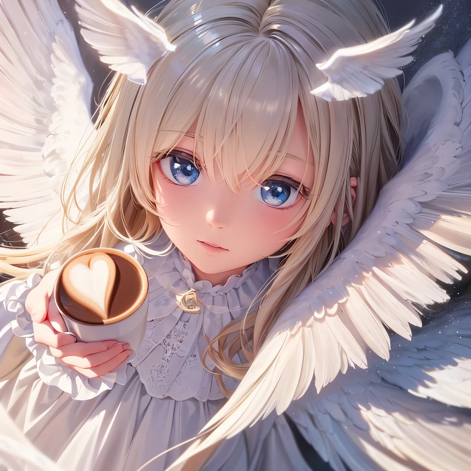 painting of a  with a cup of coffee and angel wings, of an beautiful angel girl, beautiful angel, angel girl, of beautiful angel, portrait of a beautiful angel, beautiful angel girl portrait, angelic, angelical, dark angel of coffee, winged girl angel, adorable digital painting, angel-themed, angel, beautiful female angel, young wan angel