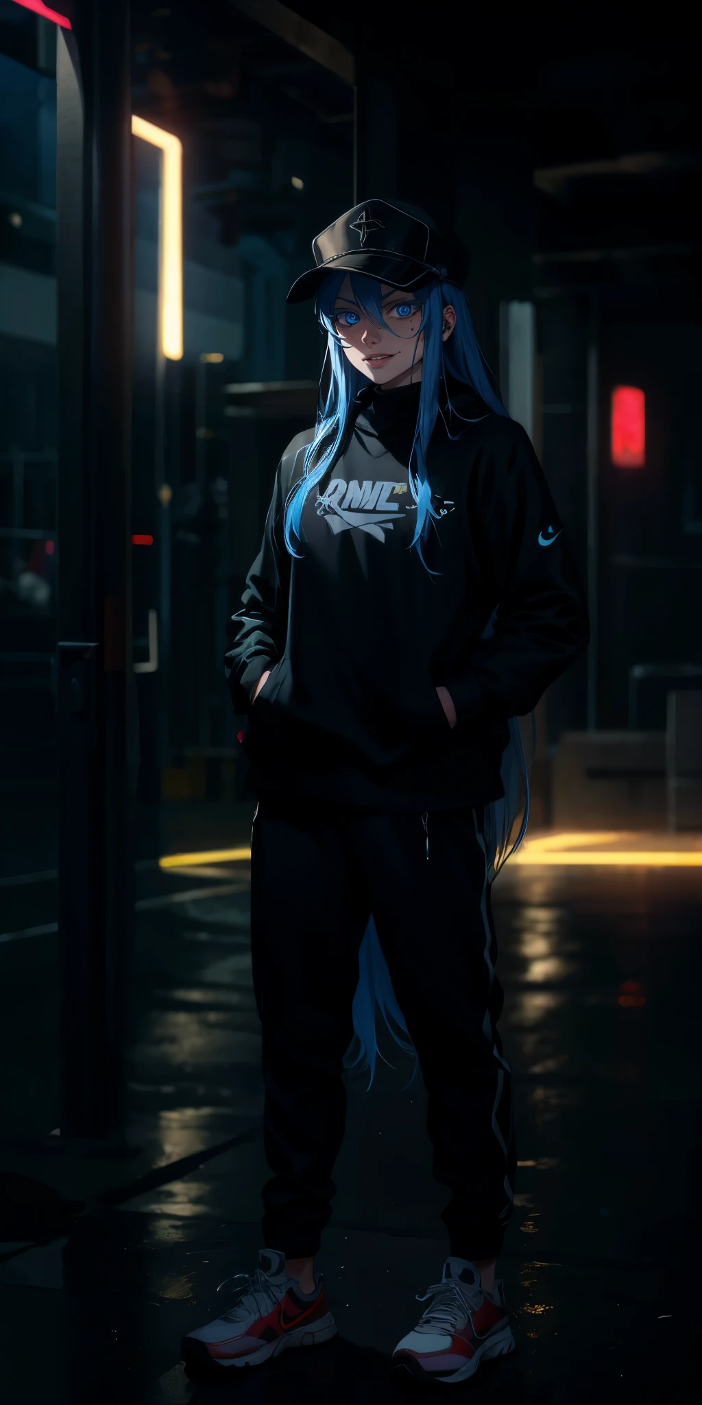 Esdeath, long hair, blue hair, blue eyes, hat, solo, very long hair, large breasts, choker, ice, peaked cap, sweating, glowing eyes, heavy breathing, 1girl, shoes, hands_in_pockets, full_body, sneakers, solo, pants, graffiti, looking_at_viewer, standing, nike, hand_in_pocket, alternate_costume, glow effects, godrays, Hand drawn, render, 8k, octane render, cinema 4d, blender, dark, atmosphersic 4k ultra detailed, cinematic, Sharp focus, big depth of field, Masterpiece, colors, 3d octane render, 4k, concept art, trending on artstation, hyperrealistic, Vivid colors, extremely detailed CG unity 8k wallpaper, trending on CGSociety, Intricate, High Detail, dramatic, (shaded face:1.2), hollow eyes, blue eyes, white eyelashes, looking at viewer, heavy breathing, smirk, upper teeth, lips, glowing eyes,