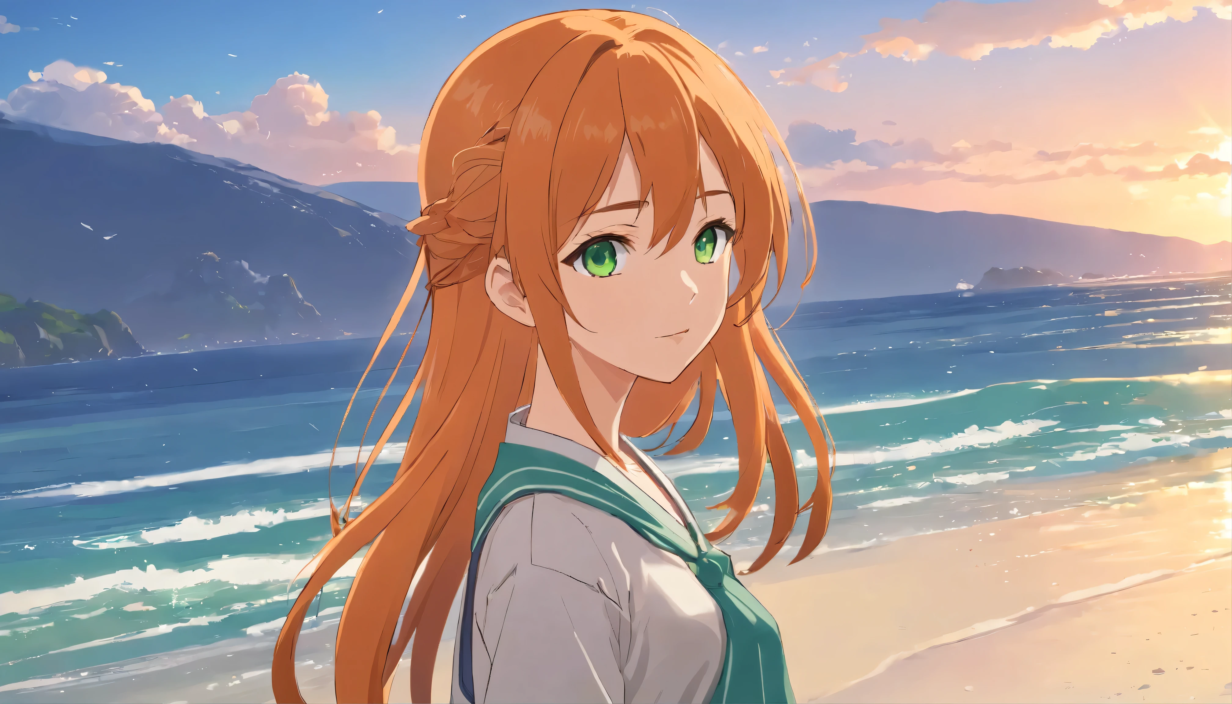 Anime girl with long orange hair, standing on the beach near the ocean, green eyes detailed digital anime art, Anime girl with long hair, гладкое аниме cg art, Anime girl with long hair, digital anime art, work in Guweiz style, Beautiful anime portrait, Photorealistic render of an anime girl, Beautiful anime girl, advanced digital anime art, guweiz на artstation pixiv HD UHD HQ