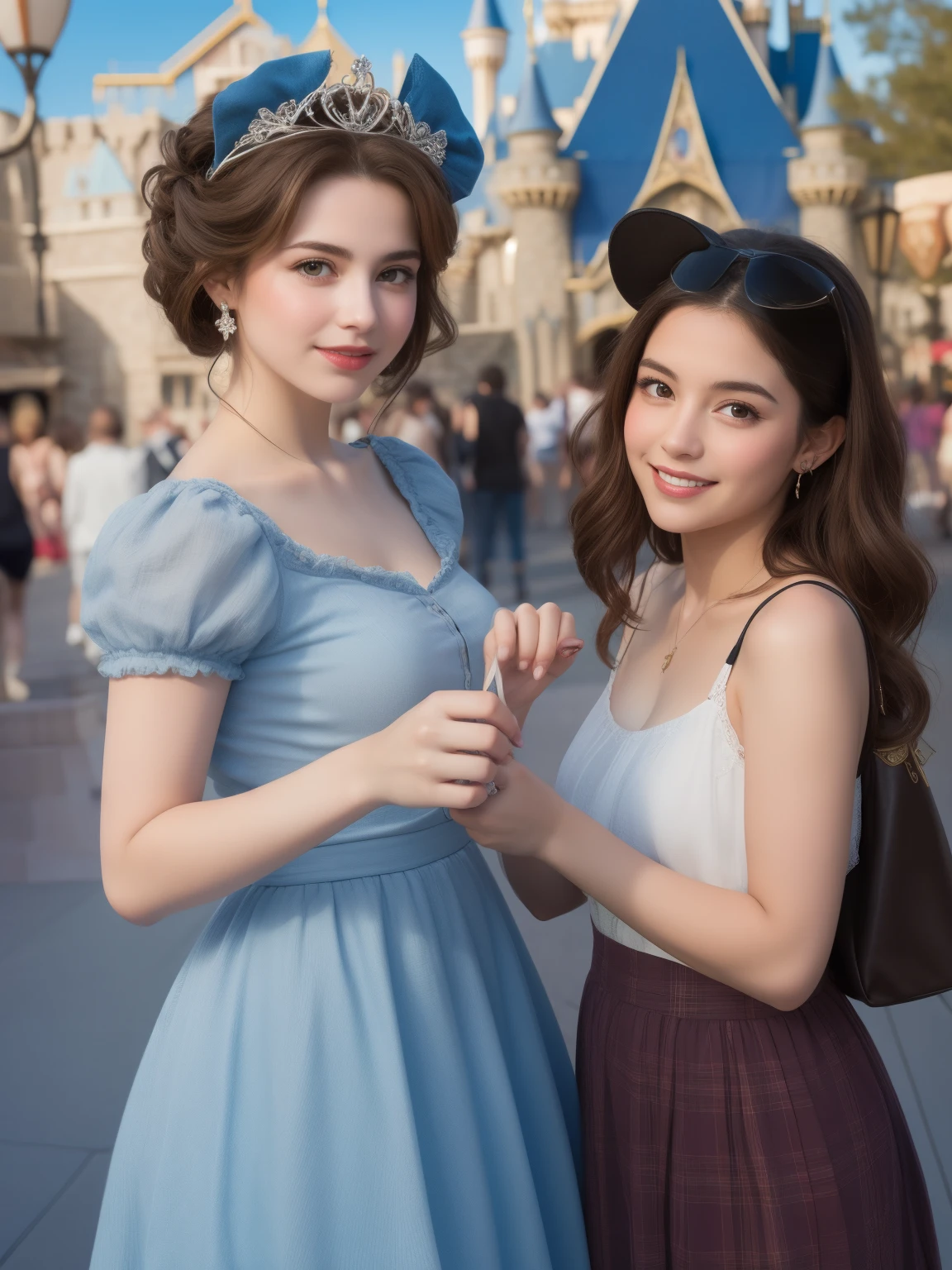 (2 s), papel de parede CG unificado 8k extremamente detalhado, altamente detalhado, High definition raw color photos, fotografia profissional, Retrato realista, adolescente, cabelo longo, Sorriso feliz, Disneyland, Tiara da Minnie, Disneyland ornament, Castelo da Cinderela, ao ar livre, dia,