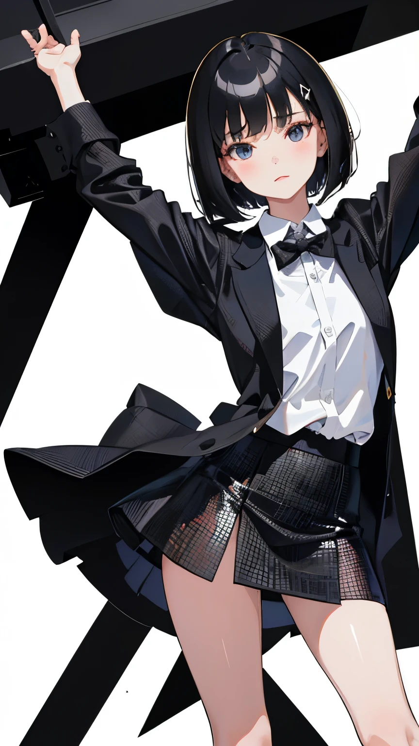 (short cute girl,small young student,young delicate girl),(masterpiece,Top quality),black gingham check miniskirt,black medium bob,sleepy,white background