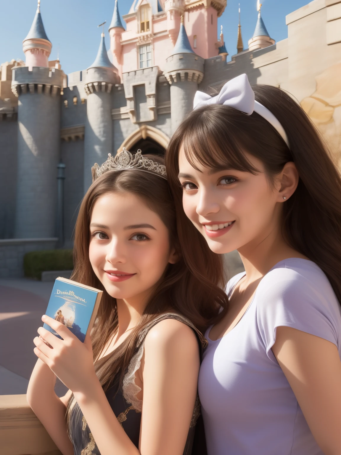 (2 meninas), papel de parede CG unificado 8k extremamente detalhado, altamente detalhado, High definition raw color photos, fotografia profissional, Retrato realista, adolescente, cabelo longo, Sorriso feliz, Disneyland, Tiara da Minnie, Disneyland ornament, Castelo da Cinderela, ao ar livre, dia,