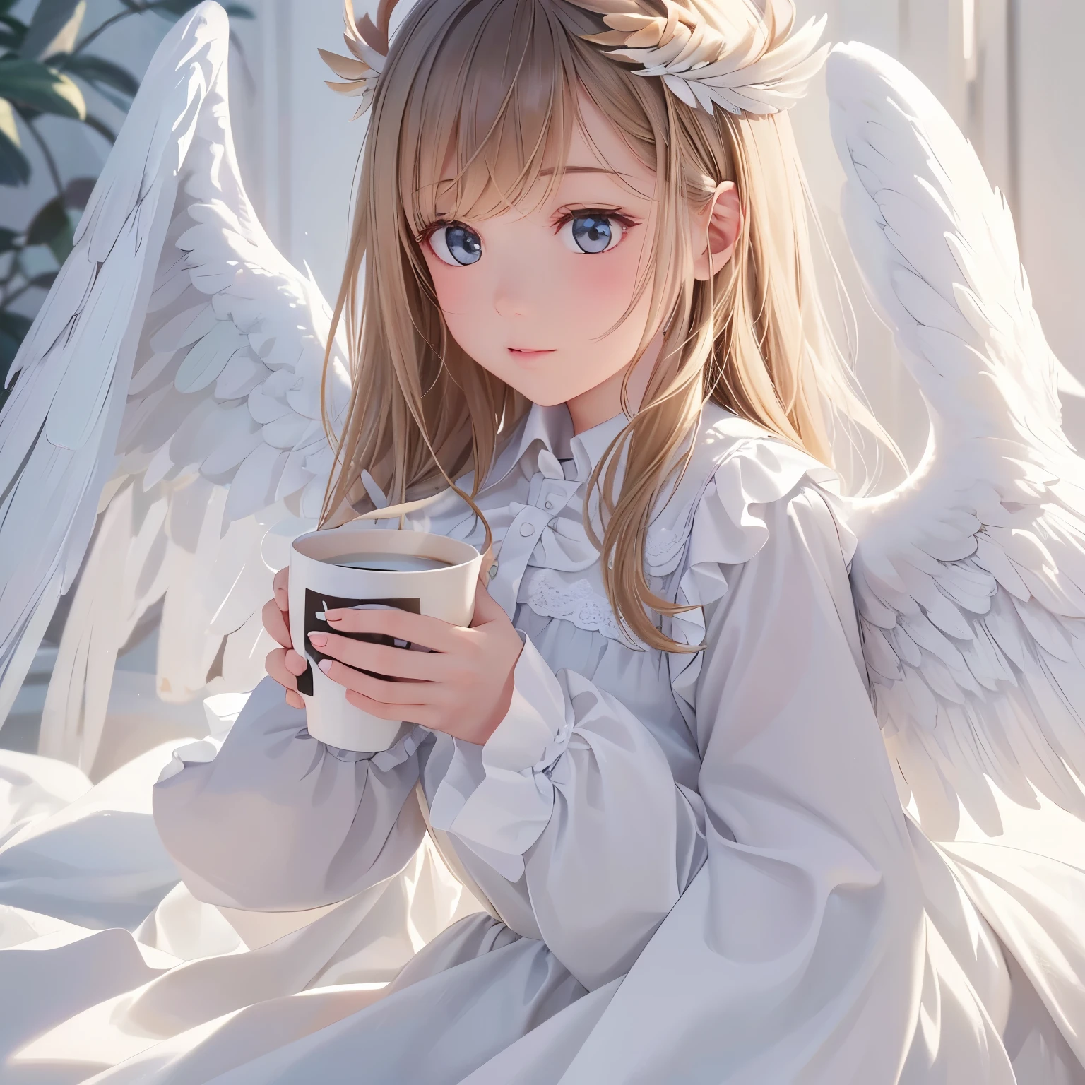 painting of a  with a cup of coffee and angel wings, of an beautiful angel girl, beautiful angel, angel girl, of beautiful angel, portrait of a beautiful angel, beautiful angel girl portrait, angelic, angelical, dark angel of coffee, winged girl angel, adorable digital painting, angel-themed, angel, beautiful female angel, young wan angel