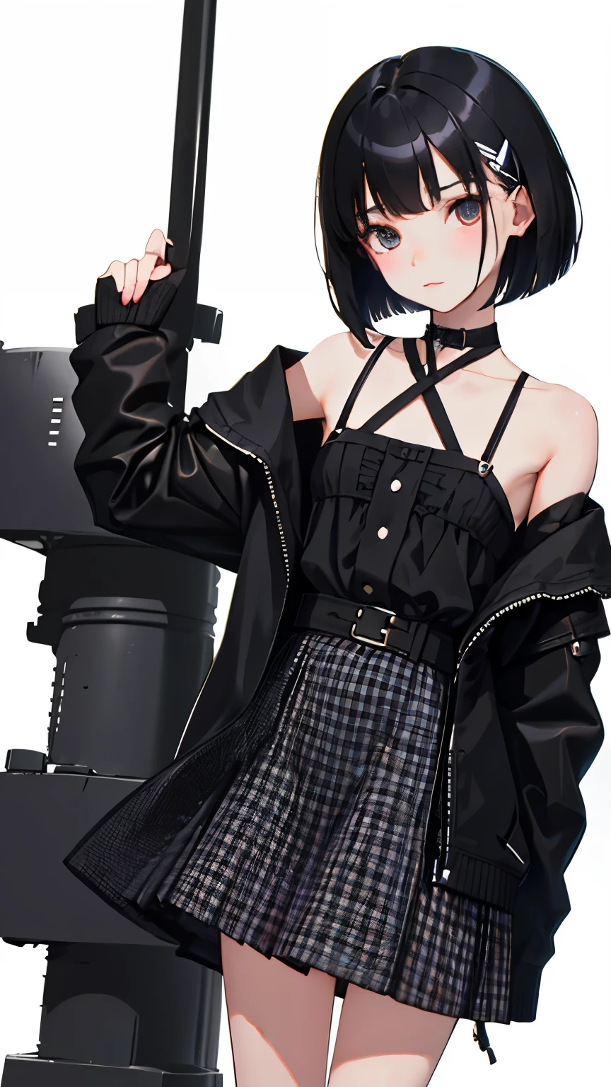(short cute girl,small young student,young delicate girl),(masterpiece,Top quality),black gingham check miniskirt,black medium bob,sleepy,white background