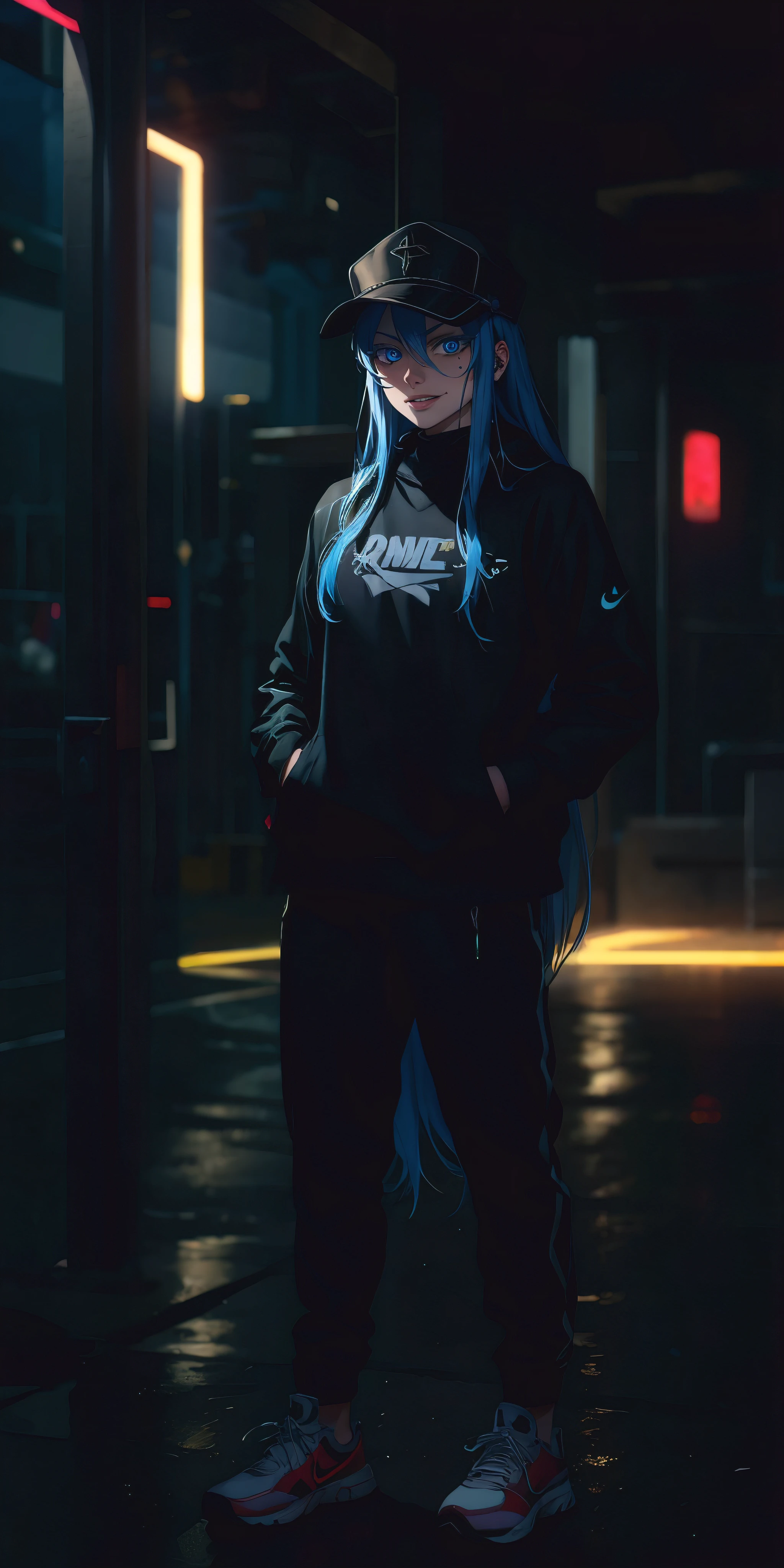 Esdeath, long hair, blue hair, blue eyes, hat, solo, very long hair, large breasts, choker, ice, peaked cap, sweating, glowing eyes, heavy breathing, 1girl, shoes, hands_in_pockets, full_body, sneakers, solo, pants, graffiti, looking_at_viewer, standing, nike, hand_in_pocket, alternate_costume, glow effects, godrays, Hand drawn, render, 8k, octane render, cinema 4d, blender, dark, atmosphersic 4k ultra detailed, cinematic, Sharp focus, big depth of field, Masterpiece, colors, 3d octane render, 4k, concept art, trending on artstation, hyperrealistic, Vivid colors, extremely detailed CG unity 8k wallpaper, trending on CGSociety, Intricate, High Detail, dramatic, (shaded face:1.2), hollow eyes, blue eyes, white eyelashes, looking at viewer, heavy breathing, smirk, upper teeth, lips, glowing eyes,