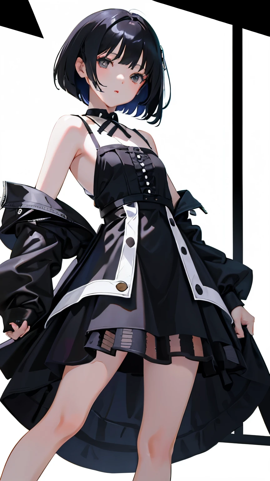 (short cute girl，small young student，young delicate girl）,（masterpiece，Top quality)，black gingham check miniskirt，black medium bob，sleepy，white background