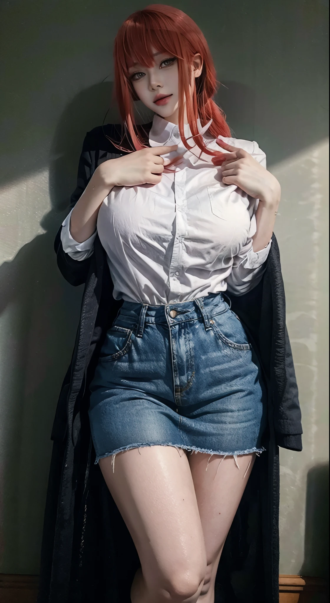 beautiful redhead woman, huge thighs, huge busts, tight denim mini skirt, 8k resolution, style photos