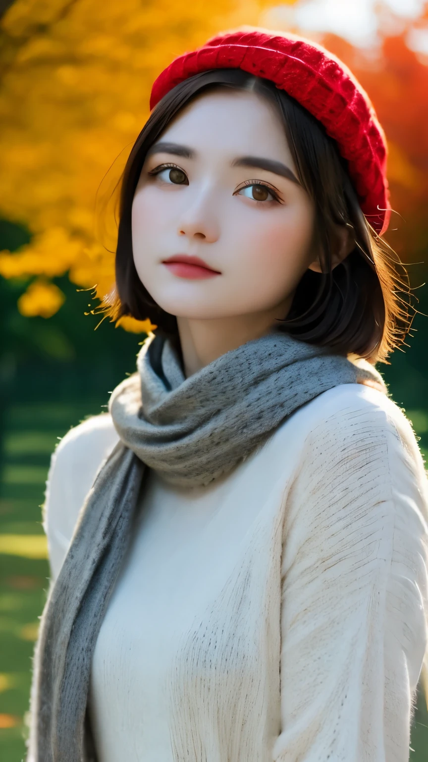 table top:1.2, high quality, 最high quality, High resolution, surreal, with a girl, short bob,hair is dirty, light gray eyes,infinitely clear eyes,16 years old,high neck inner,red knit hat,scarf,Are standing,head tilt, sunset, outdoors,autumn park:1.5,blurred background, portrait,natural look, (詳細なface), ((sharp focus)), ((face)), Upper body_body