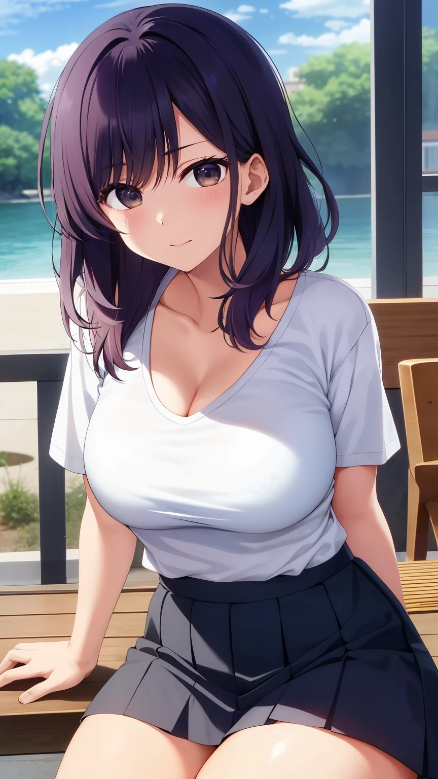 1akane kurokawa,alone,big breasts, cleavage, belly button, T-shirt, ((good)),clothing lift, skirt, Liar, whole body,sexy body,sitting
