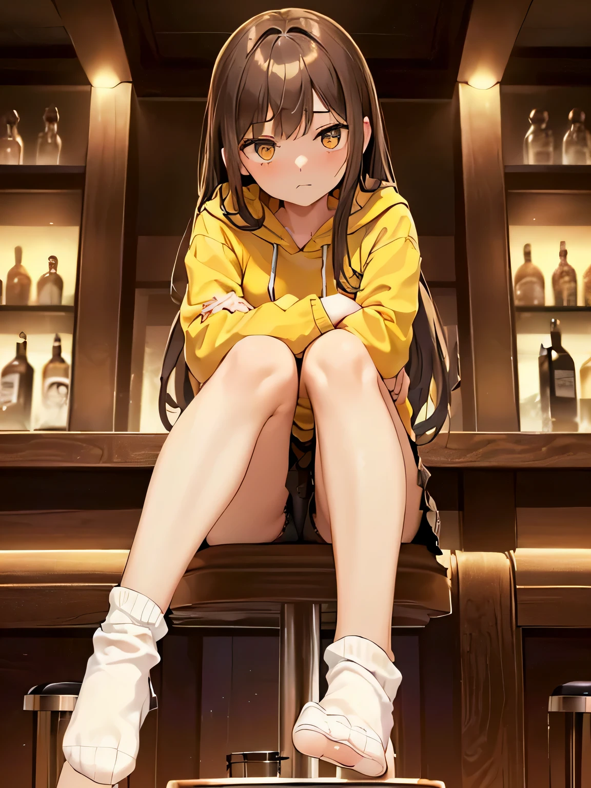 (masterpiece, highest quality, High resolution, realistic pictures, realistic skin:1.1),
(Wearing a yellow hoodie, loose socks:1.1), 
1 girl, beautiful eyes, shining eyes, brown hair, medium long hair, university student, wearing white sneakers、The location is the tall counter chairs of the bar at night.., 
(sit with legs closed:1.5),
(Bring your legs together and press your thighs together:1.5),
(knees lying down:1.5),
(I&#39;IはバーでIの足が届く背の高いカウンター椅子に座っています&#39;Reach.:2.5), 
(I&#39;Ms. M wearing a miniskirt with a small flower pattern.:1.1),
(Pants visible from the skirt and thighs: 1.5), 
(simple black lace panties: 1.5), 
(embarrassed look:1.5),
NSFW