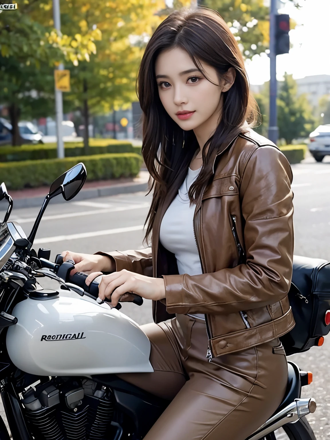  (realistic:1.5), 8k, Super delicate beauty, 1 girl, intricate body details, (short: 1.3), (highest quality: 1.0), (Super high sharpness: 1.0),（Beautiful and delicate depiction of eyes）,((((ride a motorcycle)))),unreal engine:1.4, photorealistic:1.4, skin texture:1.4, masterpiece:1.8,highest quality、smile、long limbs、((brown jacket and long pants))