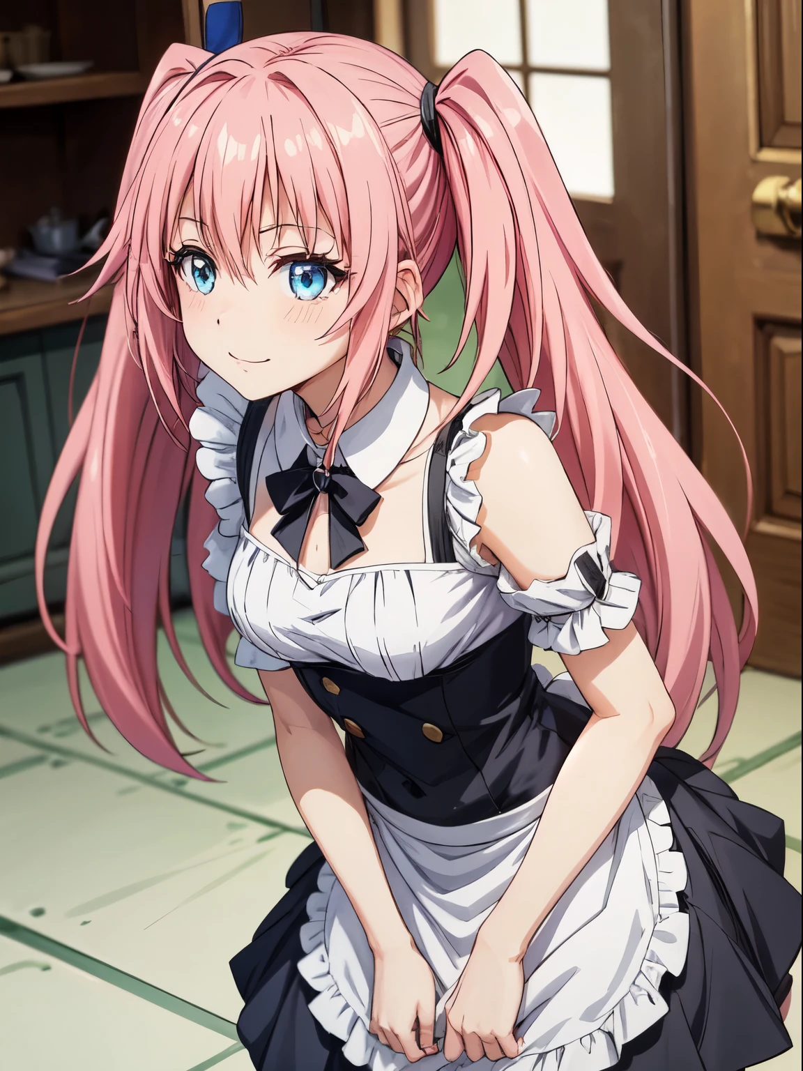 1 female、Tensei Shitara Slime Datta Ken（((Milim Nava))), Demon King、Milim Navaの傑作、high quality、maid Cafe、Moe、Moe、Accurate Mirim Surface Area、blue eyes、behold evil、pink hairの、pink hair, long hair, twin tails,8k images、cute maid clothes、dress properly、best pictures、cowboy shot、[3D images:1.25],[[charming eyes,detailed eye、shining eyes, colorful eyes:1.25]]、、whole、Front view、alone、best pictures, soft light, charming eyes that make you feel sucked in