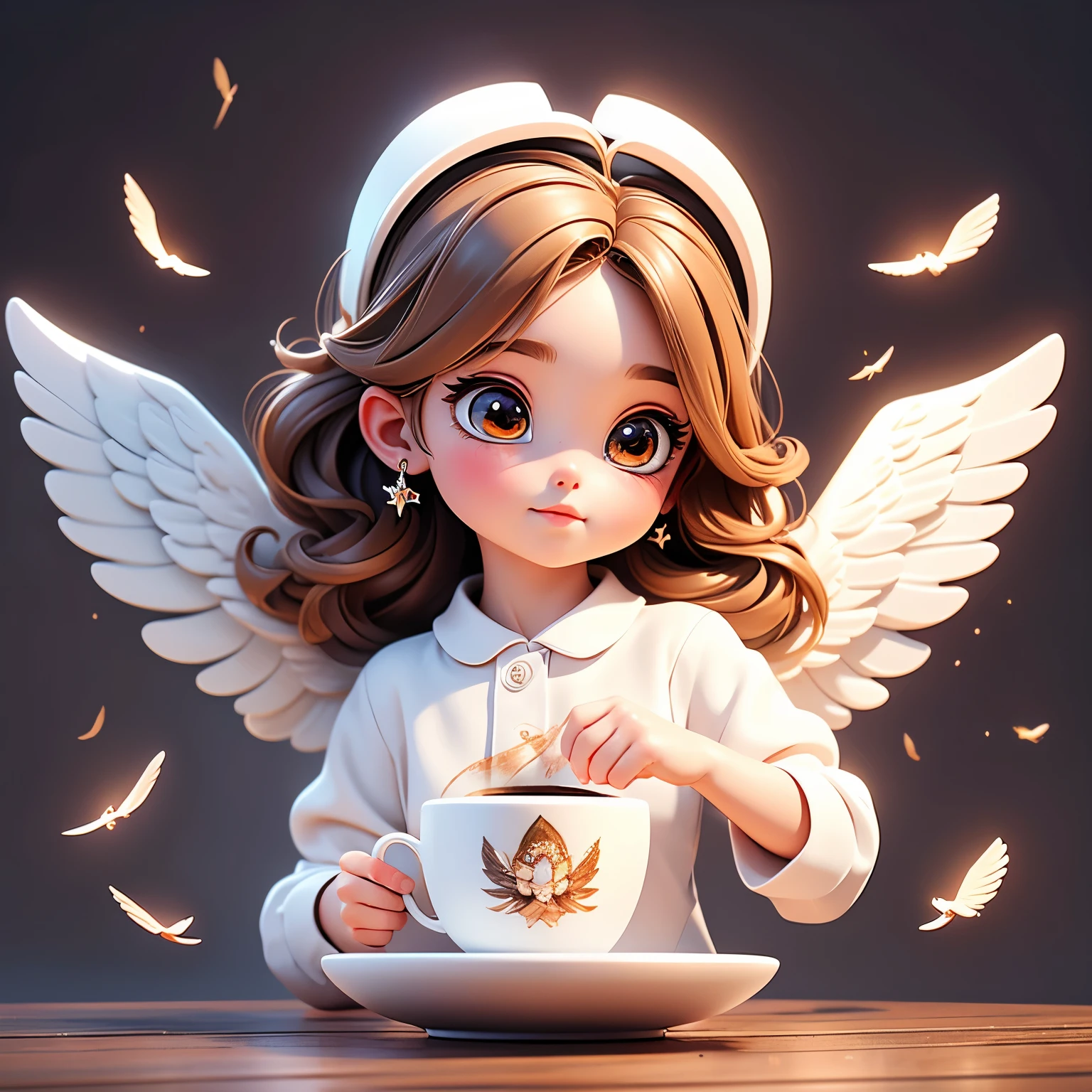 painting of a with a cup of coffee and angel wings, of an beautiful angel girl, beautiful angel, angel girl, of beautiful angel, portrait of a beautiful angel, beautiful angel girl portrait, angelic, angelical, dark angel of coffee, winged girl angel, adorable digital painting, angel-themed, angel, beautiful female angel, young wan angel