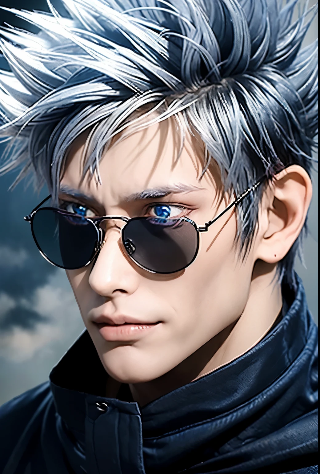 Create a hyper-realistic portrait of Gojo Satoru from Jujutsu Kaisen, capturing his playful yet formidable essence. The image should feature his distinctive spiky white hair that defies gravity, framing his face perfectly. His piercing blue eyes, one visible through circular sunglasses perched on his nose, should reflect a mischievous glint combined with the intensity of his character.

He’s wearing a dark, high-collared uniform, symbolizing his status as a teacher and sorcerer, with the Jujutsu Kaisen emblem subtly present. His expression is one of sheer joy and confidence, with a broad grin that invites both camaraderie and a hint of his unrivaled power. The background should be a clear, bright blue sky, emphasizing his connection to boundless space and his limitless ability, as suggested by his ‘Unlimited Void’ technique.