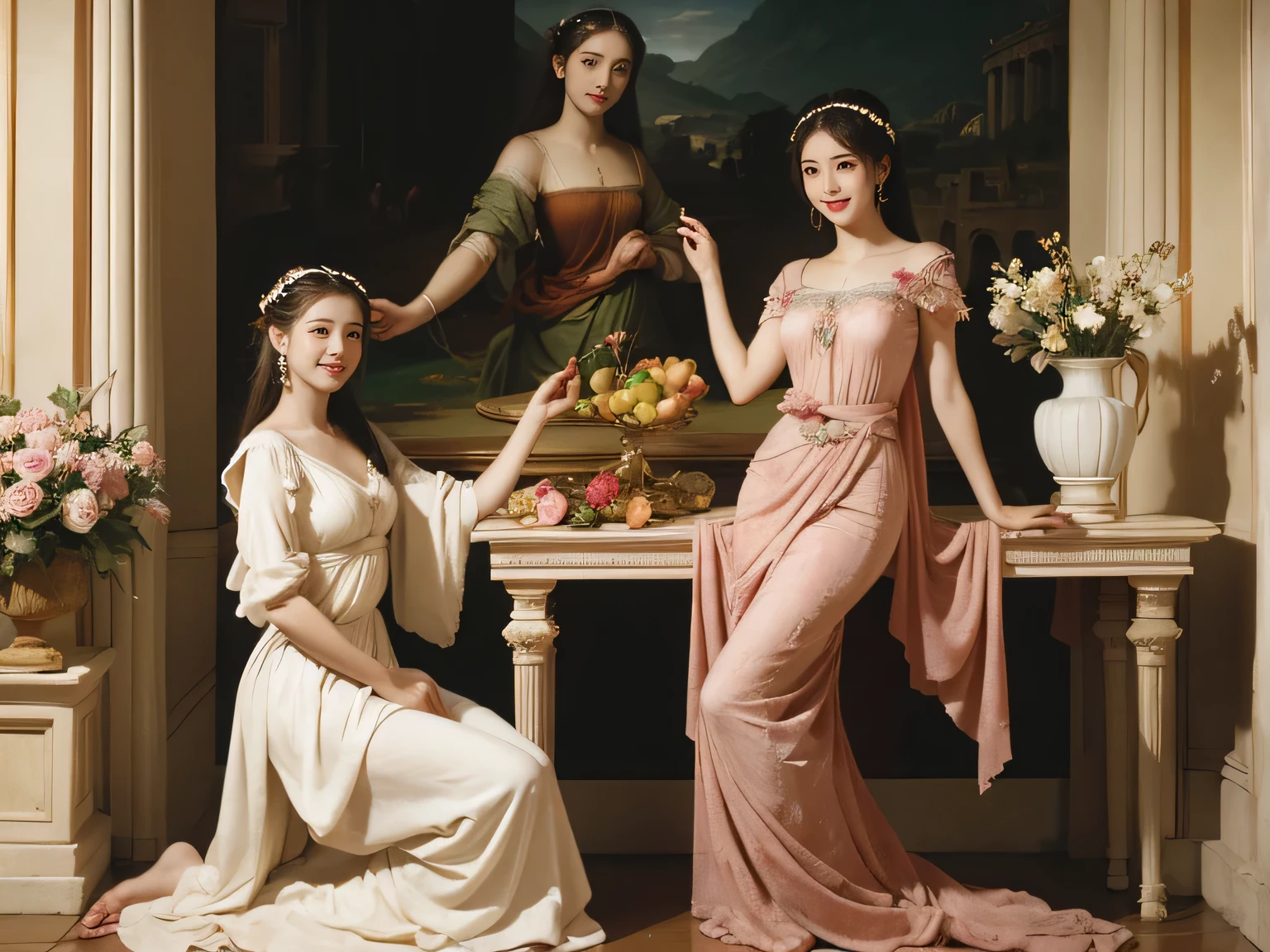 Raffaello Santi painting style,Arguments of two female 、roses in vase、fruits、Cute trinkets、smile、ancient greek costume、Woman standing on ancient Roman ruins ,A big smile