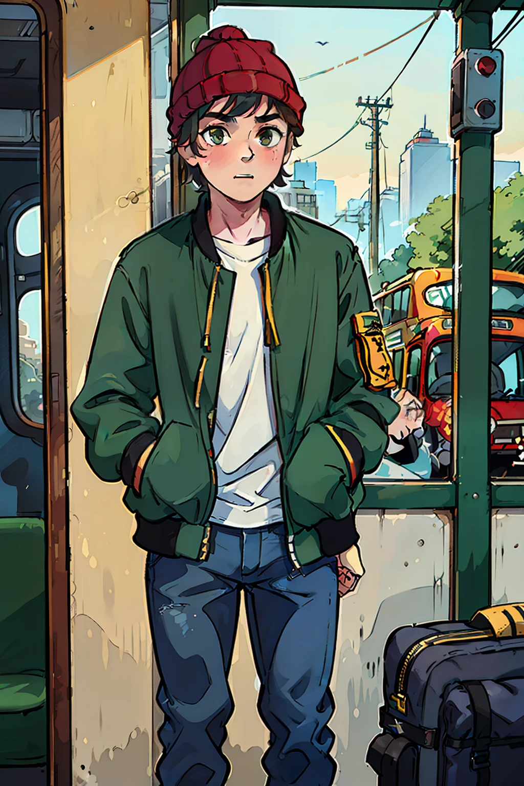 a cinematic, movie poster design, masterpiece, best quality, a young man wearing a green bomber jacket, jeans and a red beanie stepping out of a bus door, long shot, bus stop