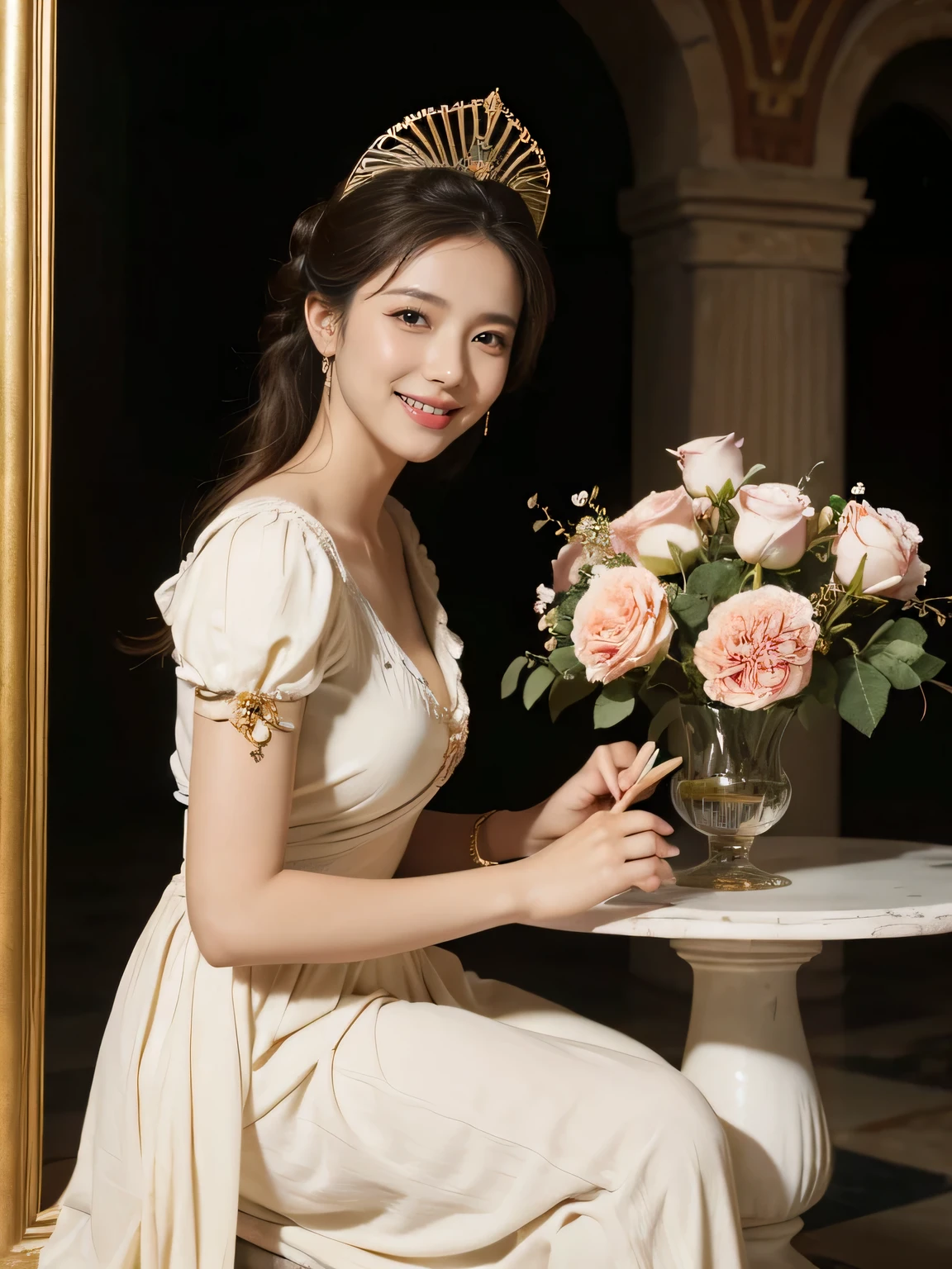 Raffaello Santi painting style,Arguments of two female 、roses in vase、fruits、Cute trinkets、smile、ancient greek costume、Woman standing on ancient Roman ruins ,A big smile