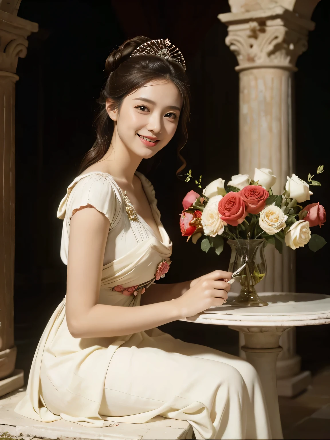 Raffaello Santi painting style,Arguments of two female 、roses in vase、fruits、Cute trinkets、smile、ancient greek costume、Woman standing on ancient Roman ruins ,A big smile