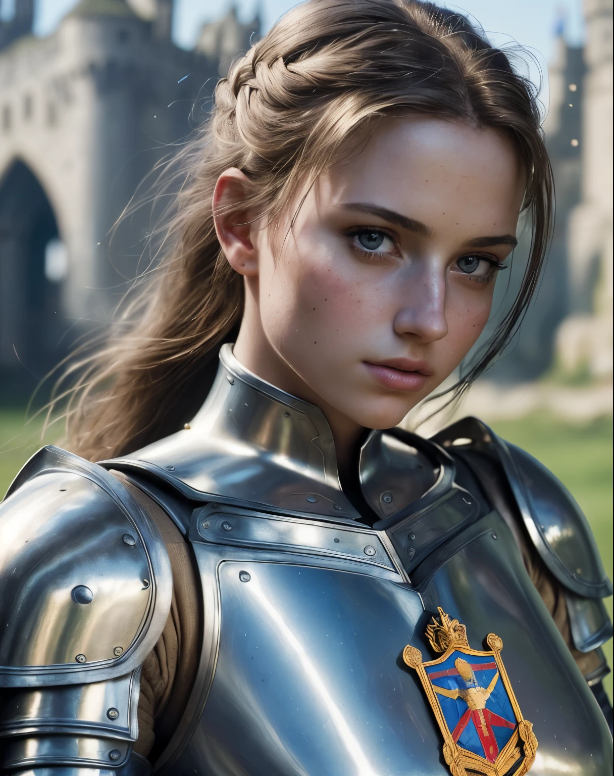 (masterpiece), (very complicated:1.3),, (realistic), girl portrait, the most beautiful in the world, (medieval armor), metal reflection, Upper body, outdoors, intense sunlight, distant castle, Stunning female professional photo details, sharp focus, dramatic, Awards, cinematic lighting, octane rendering, unreal engine, volumetrics dtx, (film grain, Bokeh, blurred foreground, blurred background), chest emblem