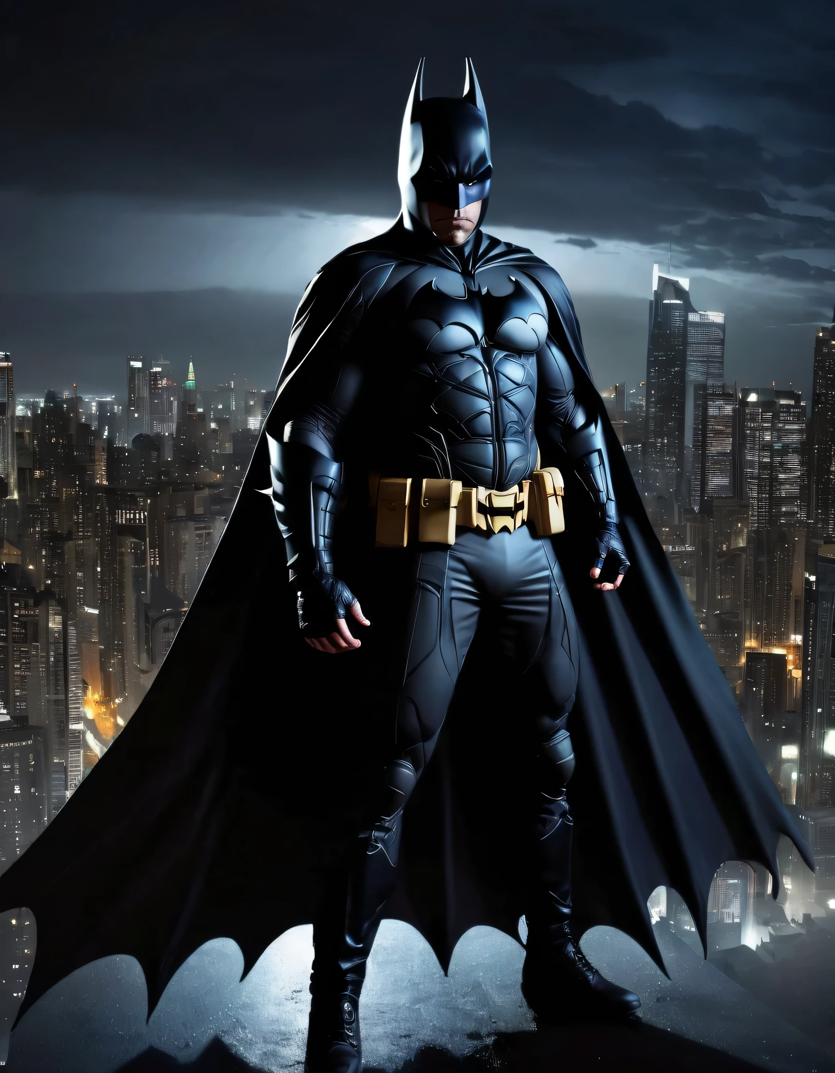 (high resolution,Realista),(escuro,Gothic),homem Morcego,figura sombria,Corpo todo,Cabo Billowing,encapuzado,alto,ninhada,confiante,vigilante mascarado,postura agachada,night time,horizonte da cidade,silhueta,sinal de morcego,Moonlit sky,olhos brilhantes,presas afiadas,cinto de utilidades,Gadgets,Protetor de Gotham,ruthless criminals,Grim determination,intense gaze,heroic pose,lenda urbana,Iconic images,atmosfera tempestuosa,cruzado perigoso,mask symbol,protetor vingativo,justice seeker,Intimidating presence,passado assombrado