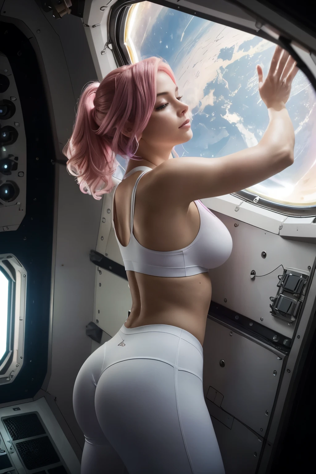 Pink hair large breast,half showing breast, full body stand in restaurantDistance shot, low angle shot, a beautiful woman (((inside a spacecraft))), aged25, floating in the air in a space station, hair drifting as if underwater, zero gravity, view of Earth out the space station window, wearing tight white spandex hot pants and white sports bra with NASA logo, 4k extremely photorealistic, uhd 4k highly detailed, ((ethereal lighting, ultra-high res.photorealistic:.1.4, (high detailed skin:1.2), 8k uhd, dslr, high quality, film grain, Fujifilm XT3,(masterpiece) (best quality) (detailed) (cinematic lighting) (sharp focus) (intricate)