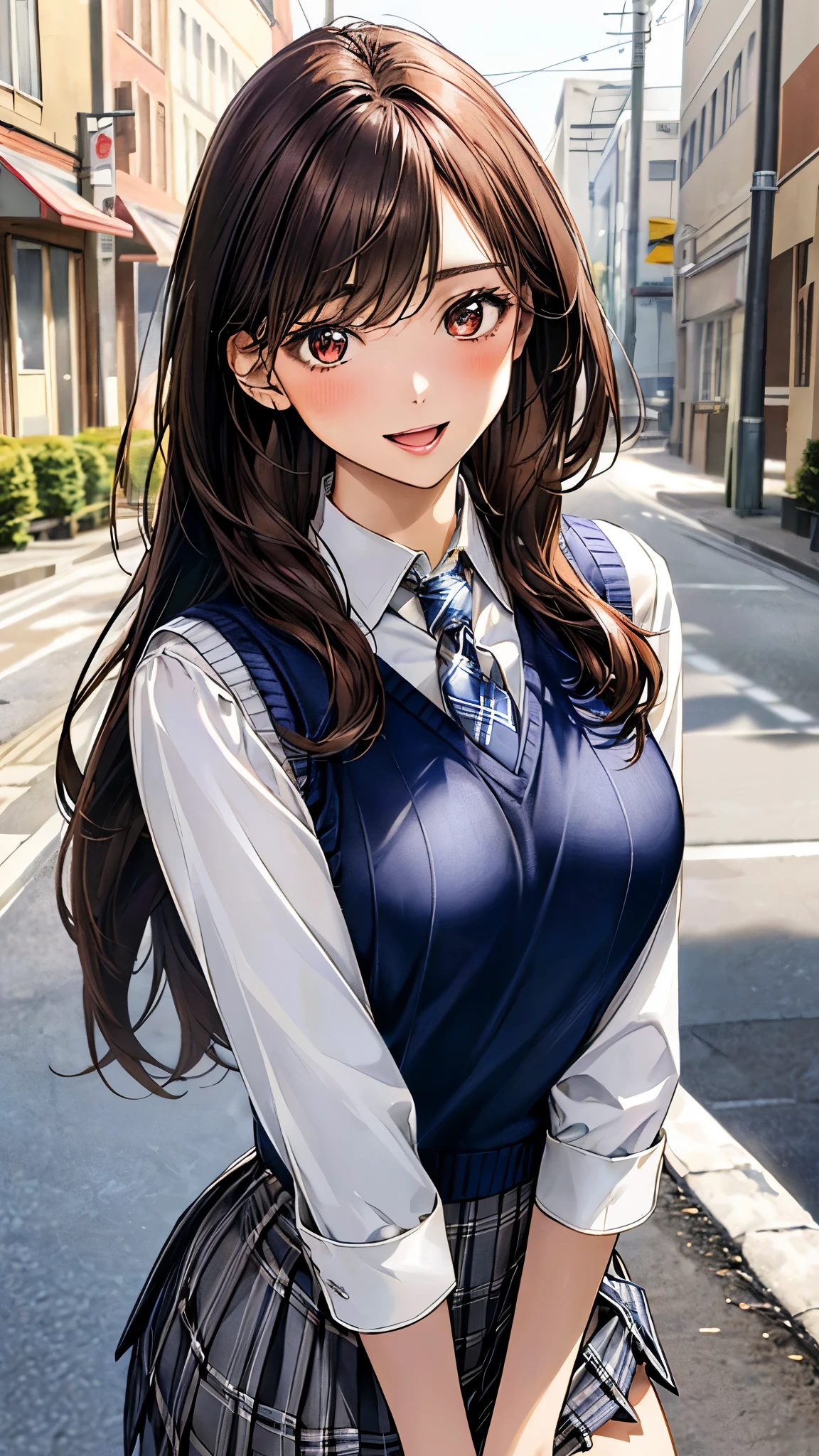 (masterpiece:1.3, top-quality), ultra high res, ultra detailed, (realistic, photorealistic:1.4), beautiful illustration, perfect lighting, colorful, depth of fields, 
facing straight at viewer, (face focus, upper body), 1 girl, solo, hight school girl, gravure model, (large breasts:0.8, large ass, seductive thighs, skindentation),
(long hair:1.2, straight hair:1.2, (saddle-brown colored) hair), swept bangs, (brown) eyes, drooping eyes, big eyes, shiny skin, slender, 
beautiful hair, beautiful face, extremely detailed face, beautiful detailed eyes, beautiful clavicle, beautiful body, beautiful chest, beautiful thigh, beautiful legs, beautiful fingers, 
(detailed cloth texture, (navy knit vest), grey plaid tie, collared long sleeve white shirt, grey plaid pleated skirt), black over-the-calf socks, white panties, 
(beautiful scenery), morning, (sapporo, outdoors, residential area), walking, (seductive smile, upper eyes, open mouth small), 