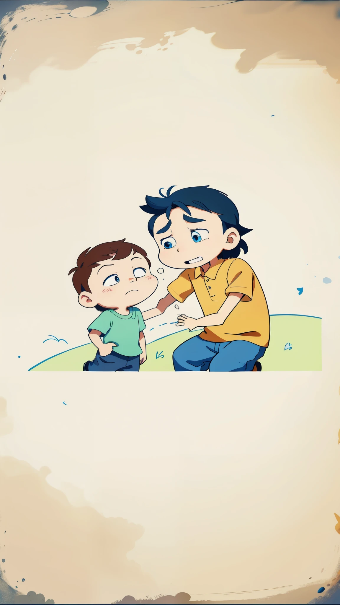 Cartoon of a man and a boy shaking hands, animation stills, animation stills, animation stills, animation stills, cartoon stills, emotional pictures, console, children cartoon, sad scene, animated illustration style, illustrative storytelling, Cartoon and simplistic, care, with children, console and familiar, 2 animation, 2D animation