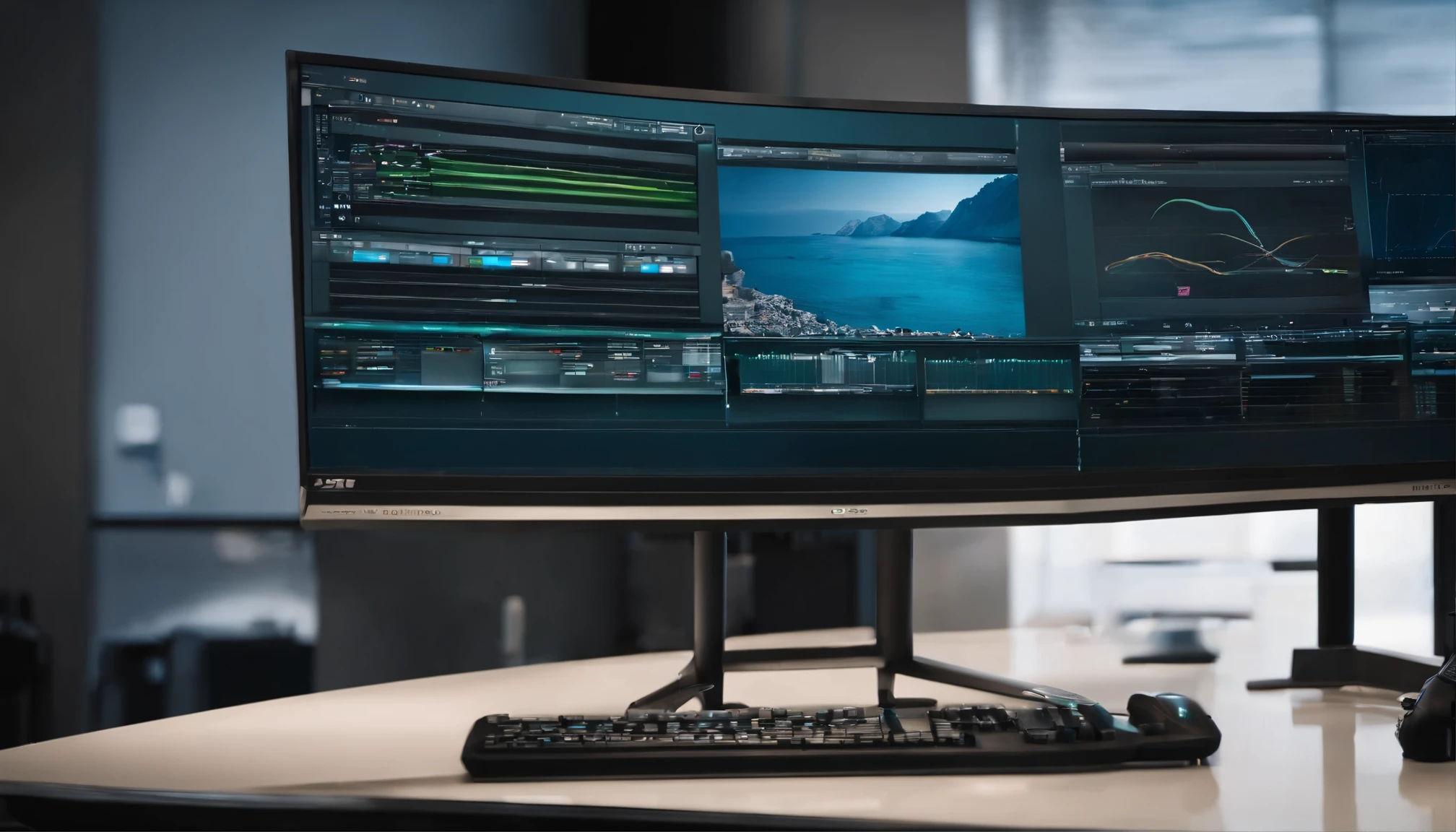 This is a close-up of the wide monitor in the production factory office. There is only one monitor, an LG ultra-wide monitor.