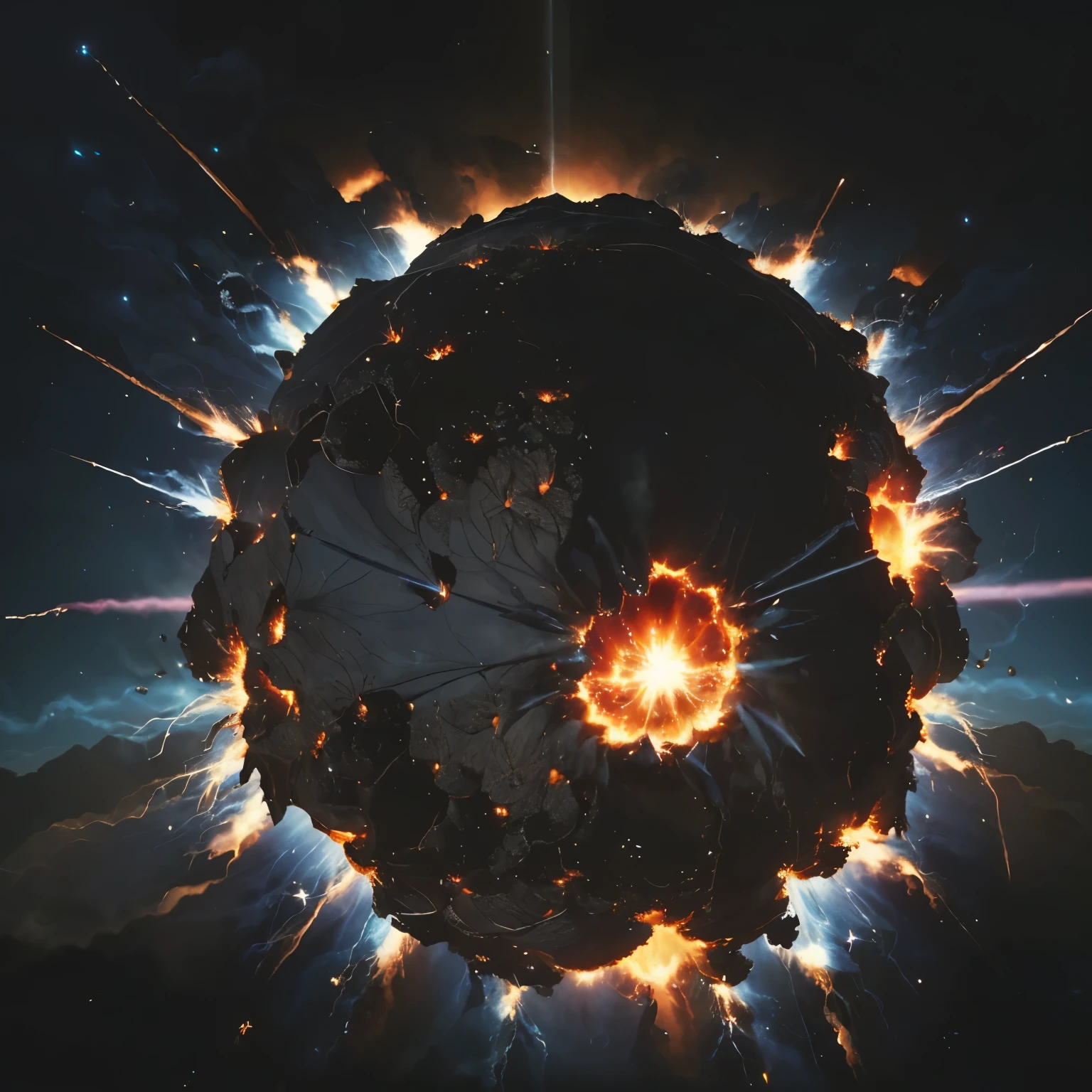 perspective from space, best quality, space battleship fires laser beam at the planet, (destroying it, exploding, burning, smoke, destruction, annihilation, shattering:1.7), motion-blur, action-lines, speed-lines, final battle, background outer space, (magnificent view:1.5)