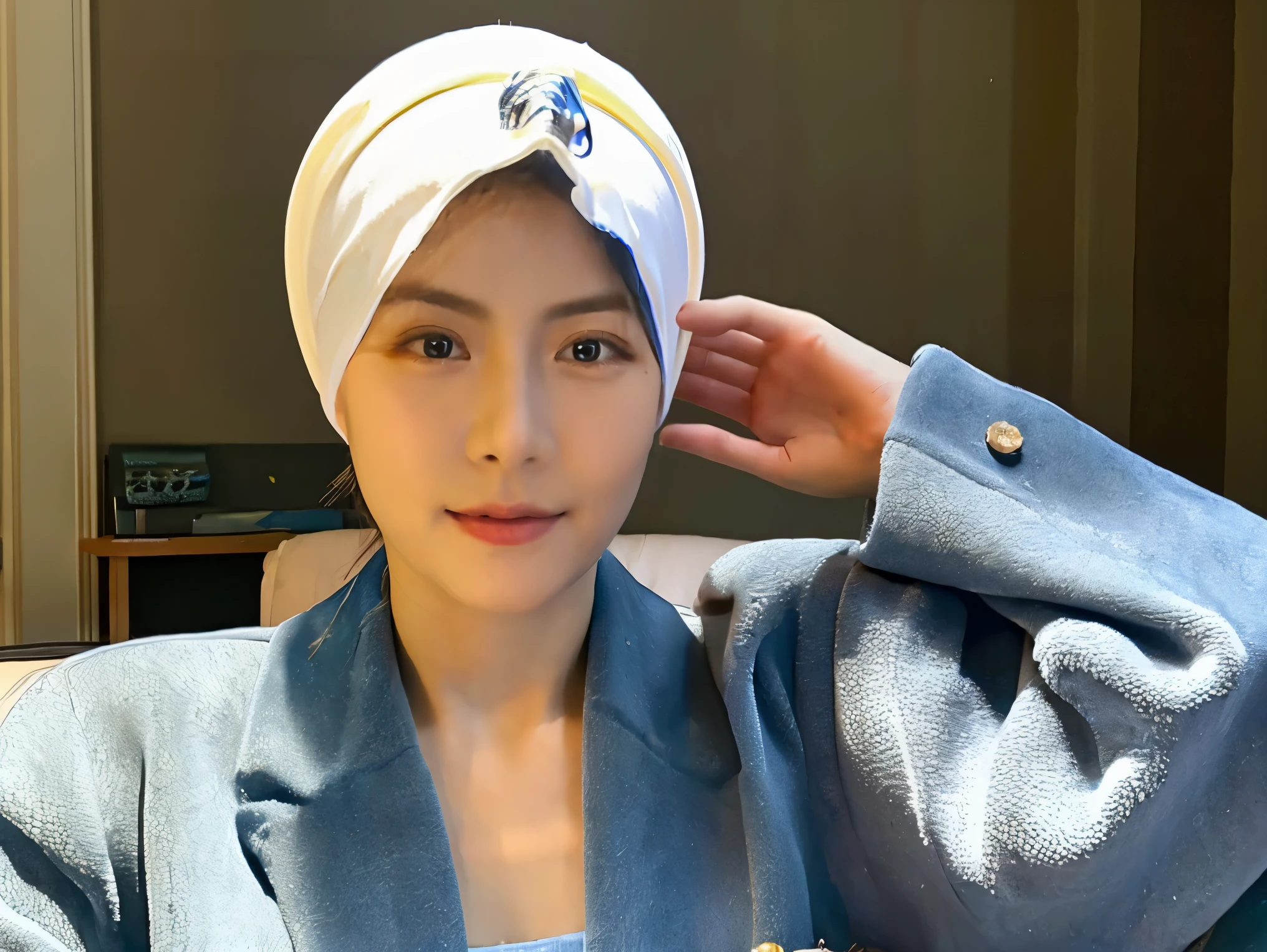 a woman wearing a headscarf, beautiful, white, firm jaw, 165cm tall, she is an English teacher