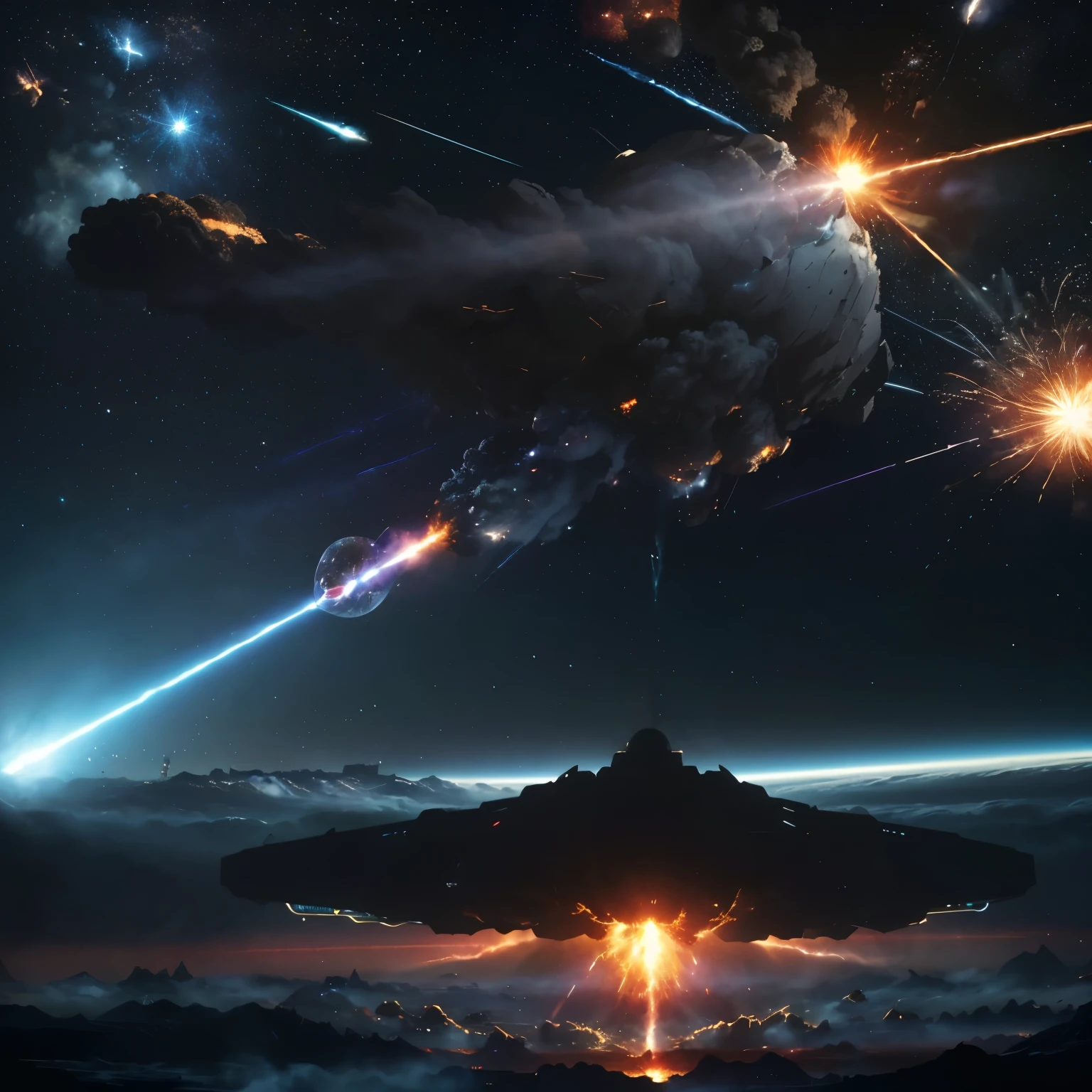 best quality, space battleship fires laser beam at the Earth, a arge fleet of space battleships, (destroying it, exploding, burning, smoke, destruction, annihilation, shattering:1.3), motion-blur, action-lines, speed-lines, final battle, background outer space, (magnificent view:1.5)