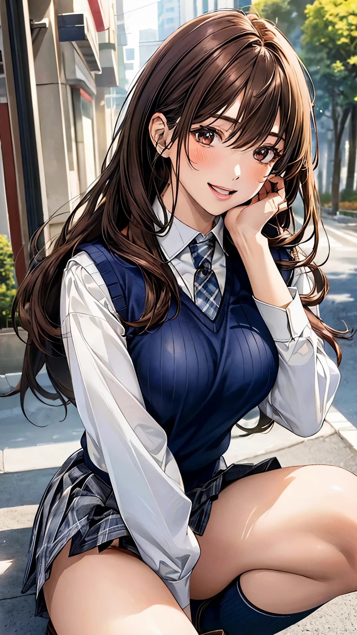 (masterpiece:1.3, top-quality), ultra high res, ultra detailed, (realistic, photorealistic:1.4), beautiful illustration, perfect lighting, colorful, depth of fields, 
facing straight at viewer, (face focus, upper body), 1 girl, solo, hight school girl, gravure model, (large breasts:0.8, large ass, seductive thighs, skindentation),
(long hair:1.2, straight hair:1.2, (saddle-brown colored) hair), swept bangs, (brown) eyes, drooping eyes, big eyes, shiny skin, slender, 
beautiful hair, beautiful face, extremely detailed face, beautiful detailed eyes, beautiful clavicle, beautiful body, beautiful chest, beautiful thigh, beautiful legs, beautiful fingers, 
(detailed cloth texture, (navy knit vest), grey plaid tie, collared long sleeve white shirt, grey plaid pleated skirt), black over-the-calf-socks, white panties, 
(beautiful scenery), morning, (sapporo, outdoors), squatting, (seductive smile, upper eyes, open mouth small), 