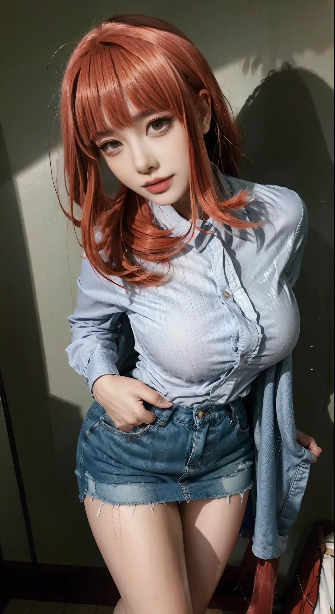 beautiful redhead woman, huge thighs, huge busts, tight denim (((mini skirt))), highest possible resolution, 8k resolution, style photos, sensual (((fetal position)))