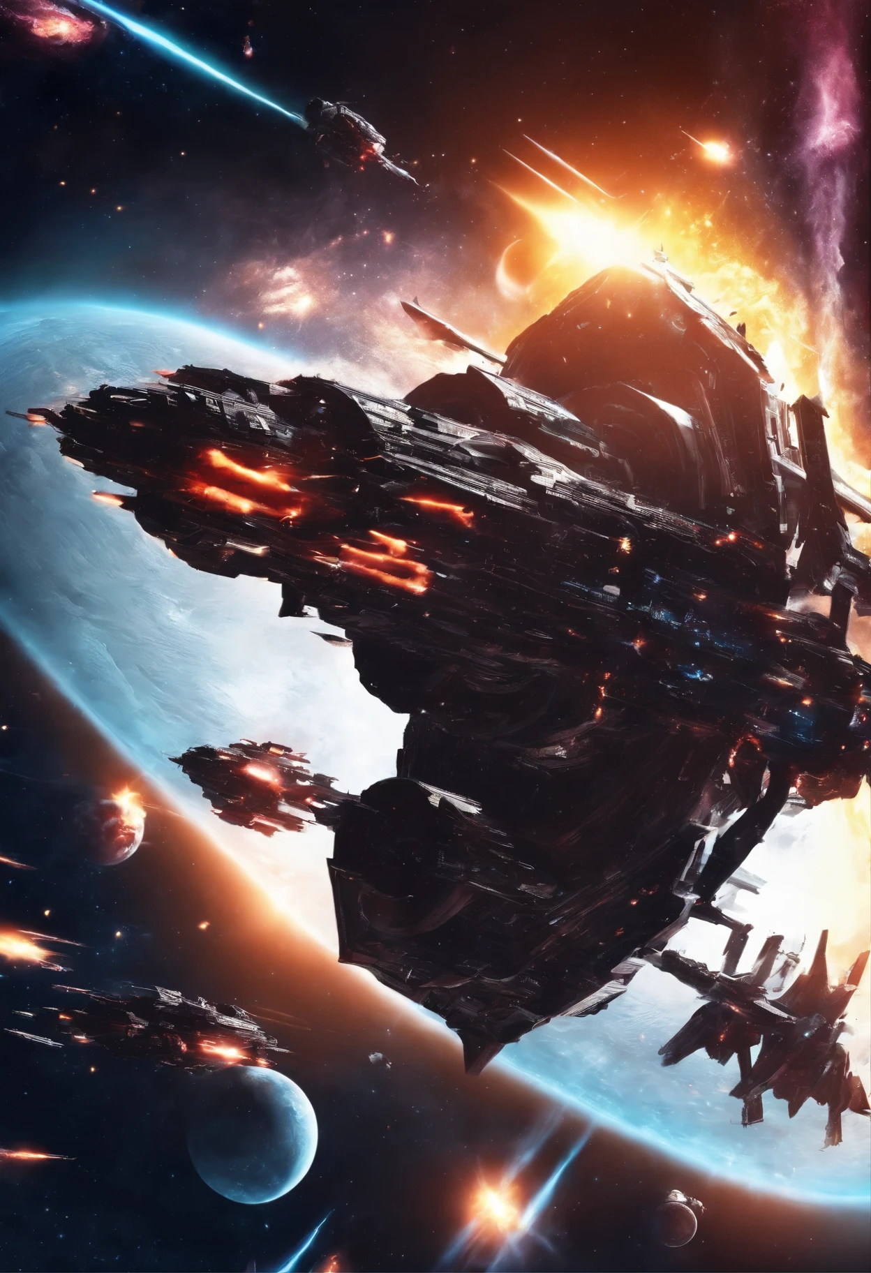 best quality, space battleship fires laser beam at the Earth, a arge fleet of space battleships, (destroying it, exploding, burning, smoke, destruction, annihilation, shattering:1.3), motion-blur, action-lines, speed-lines, final battle, background outer space, (magnificent view:1.5)