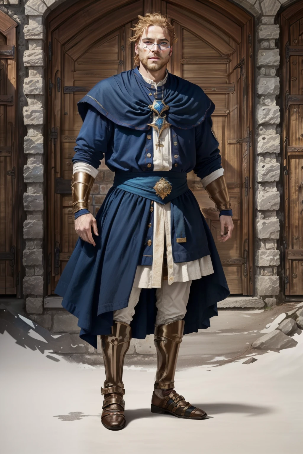 (1 man), (Numerous award-winning masterpiece, with incredible detail, textures and maximum detail), (hyper realistic:1.4), (upper body up:0.3), best quality real texture skin, (full-body standing image:1.8), Strong face warrior with shield on hand, has a eye patch, strong looking man, medieval environment,