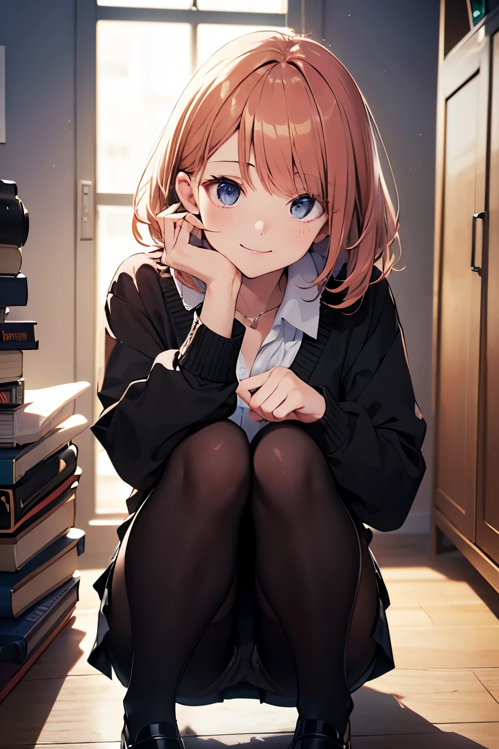20 year old female、very pretty、OL、While working in the office、Front facing、Close-up、squatting in the hallway、picking up dropped documents、(official art、highest quality、unity 8k wallpaper、32K、masterpiece、Super detailed、ultra high resolution、realistic、Photoreal:1.2)、(cinematic lighting:1.2)、best shadow、rim lighting、side light、(Highly detailed and complex 3D rendering)、computer、bright hair color、smile, white shirt、Tight Skirt、cardigan、sitting in a chair、pantyhose